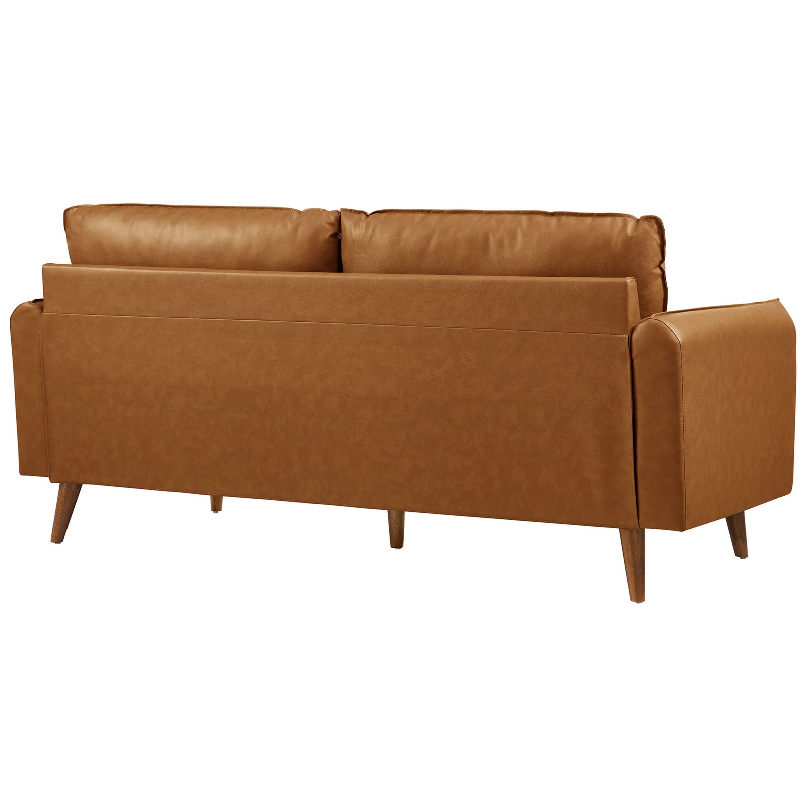 Tan vegan leather sofa with smooth wraparound back and mid-century wood legs || EEI-6975-TAN || back_angle_studio