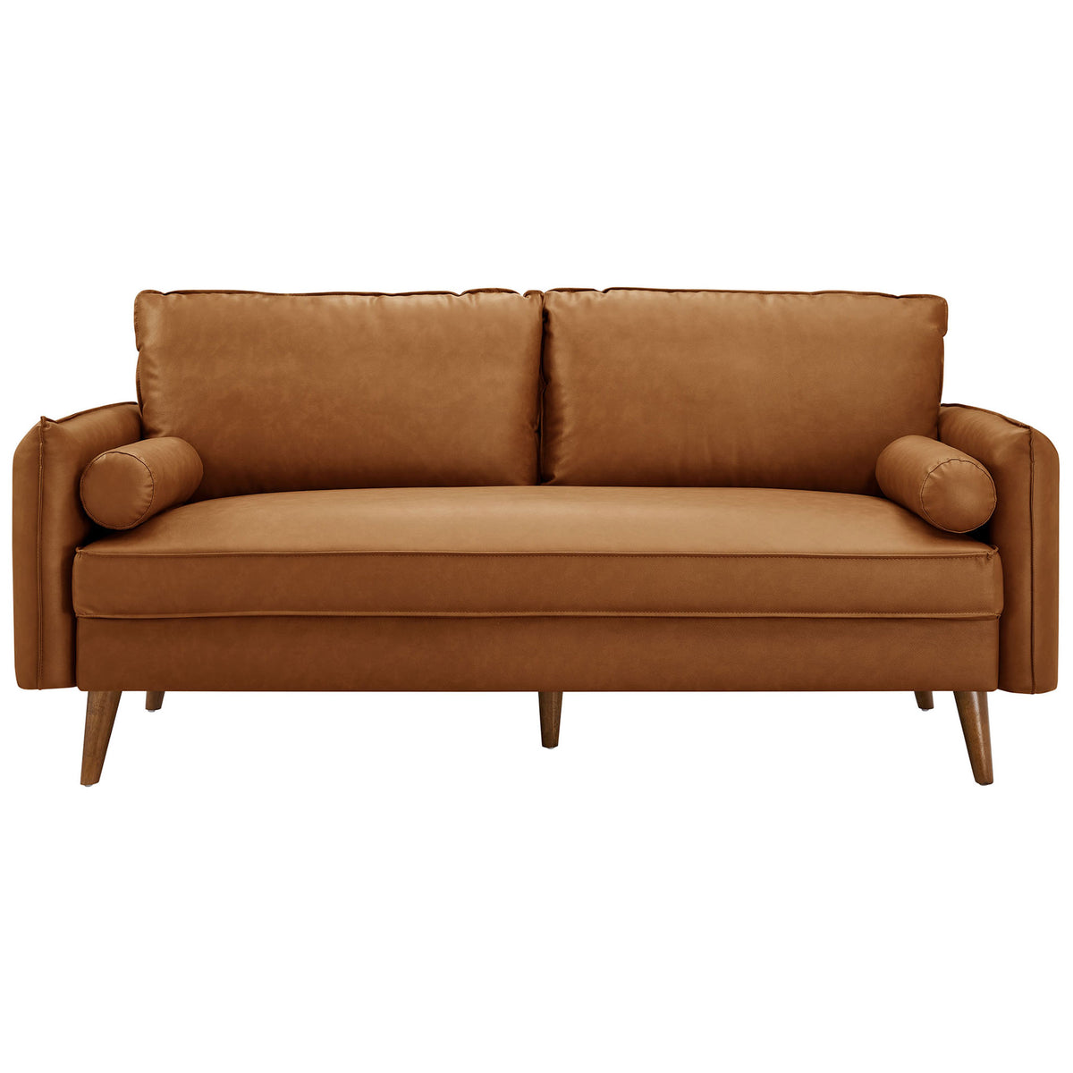 Tan vegan leather sofa with deep bench seat and two plush back cushions || EEI-6975-TAN || front_studio