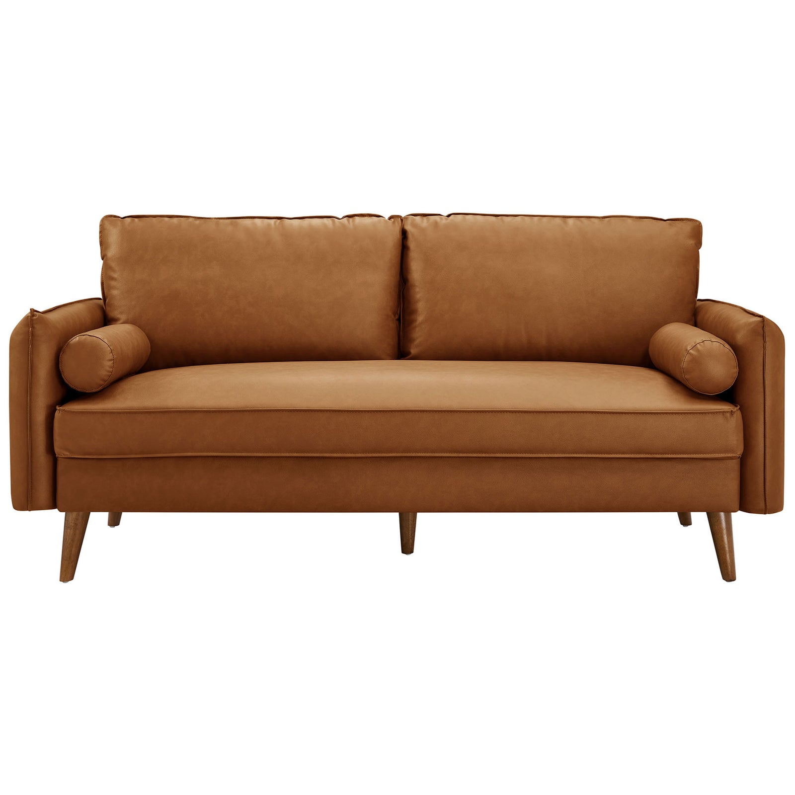 Tan vegan leather sofa with deep bench seat and two plush back cushions || EEI-6975-TAN || front_studio