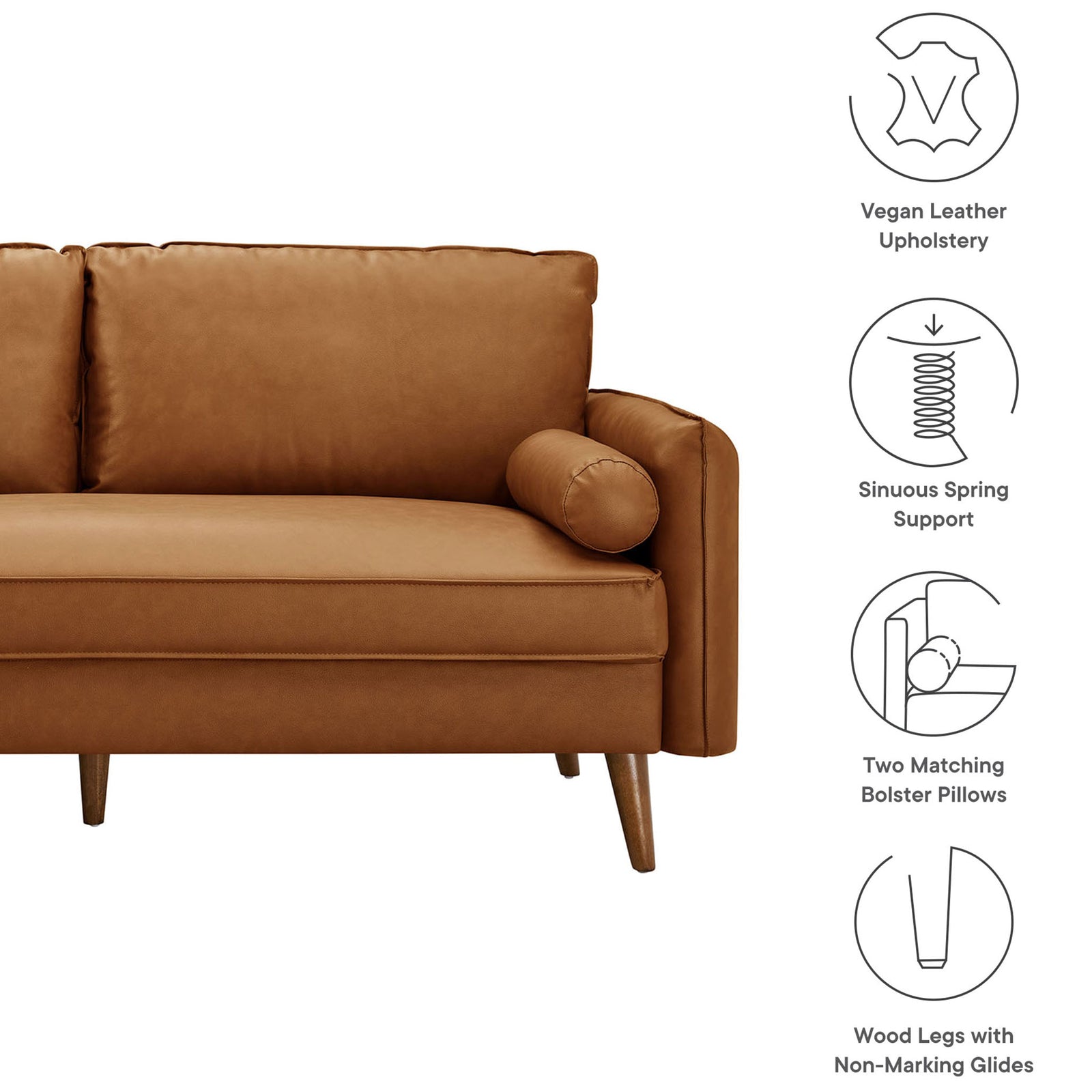 Tan vegan leather sofa with bolster pillows, spring support, and non-marking wood legs || EEI-6975-TAN || callout_studio