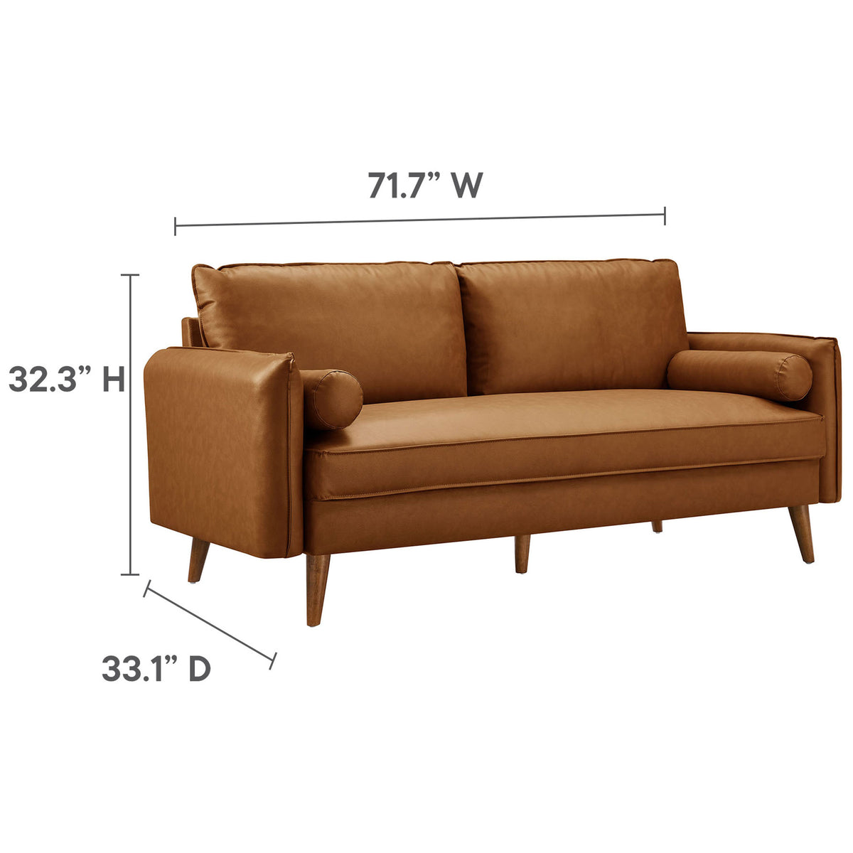 Tan vegan leather sofa showing overall width, depth, and height measurements || EEI-6975-TAN || dimension_studio