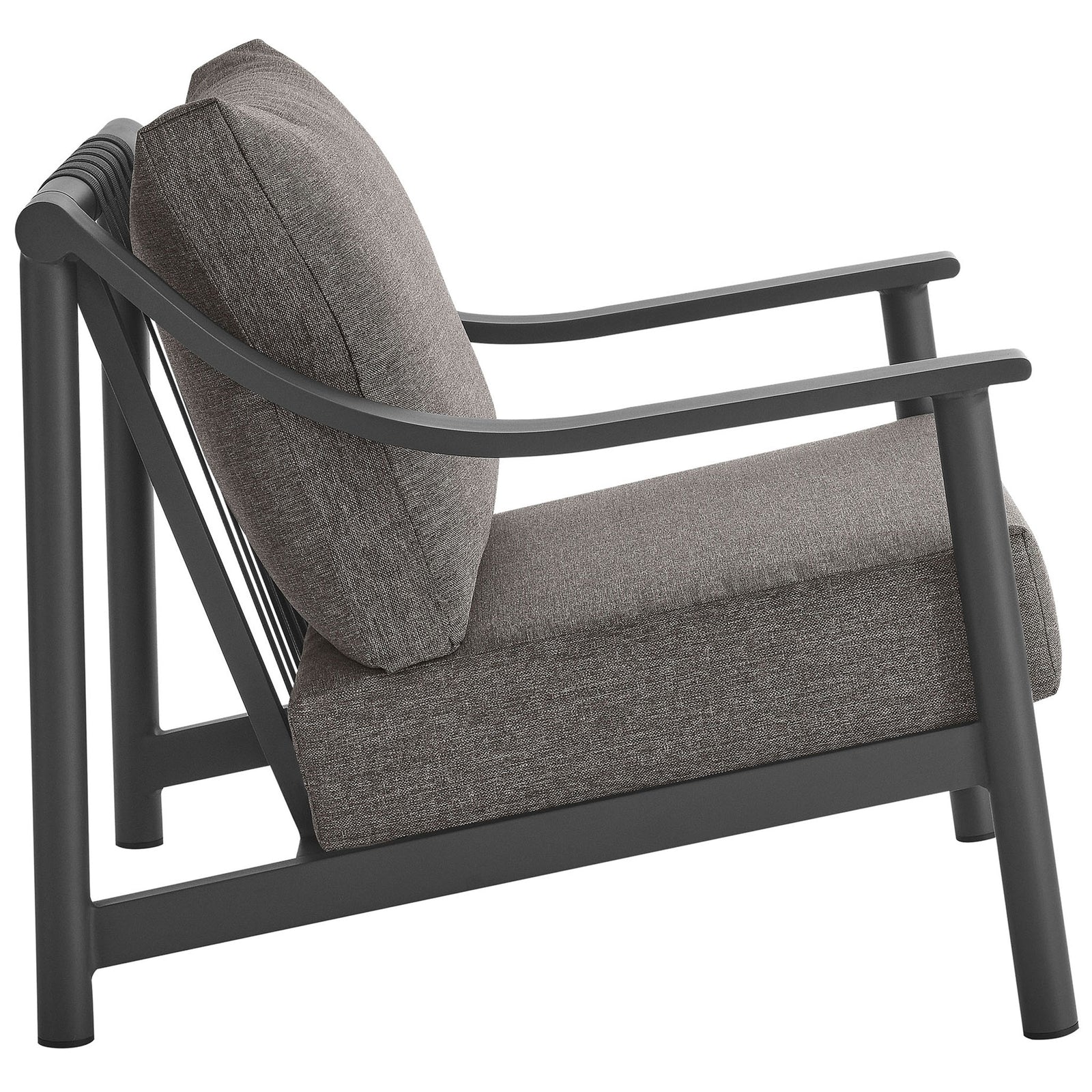 Sleek patio armchair with a gently reclined back and thick seat cushion for relaxed outdoor lounging || EEI-6976-CAR-GPH || side_studio