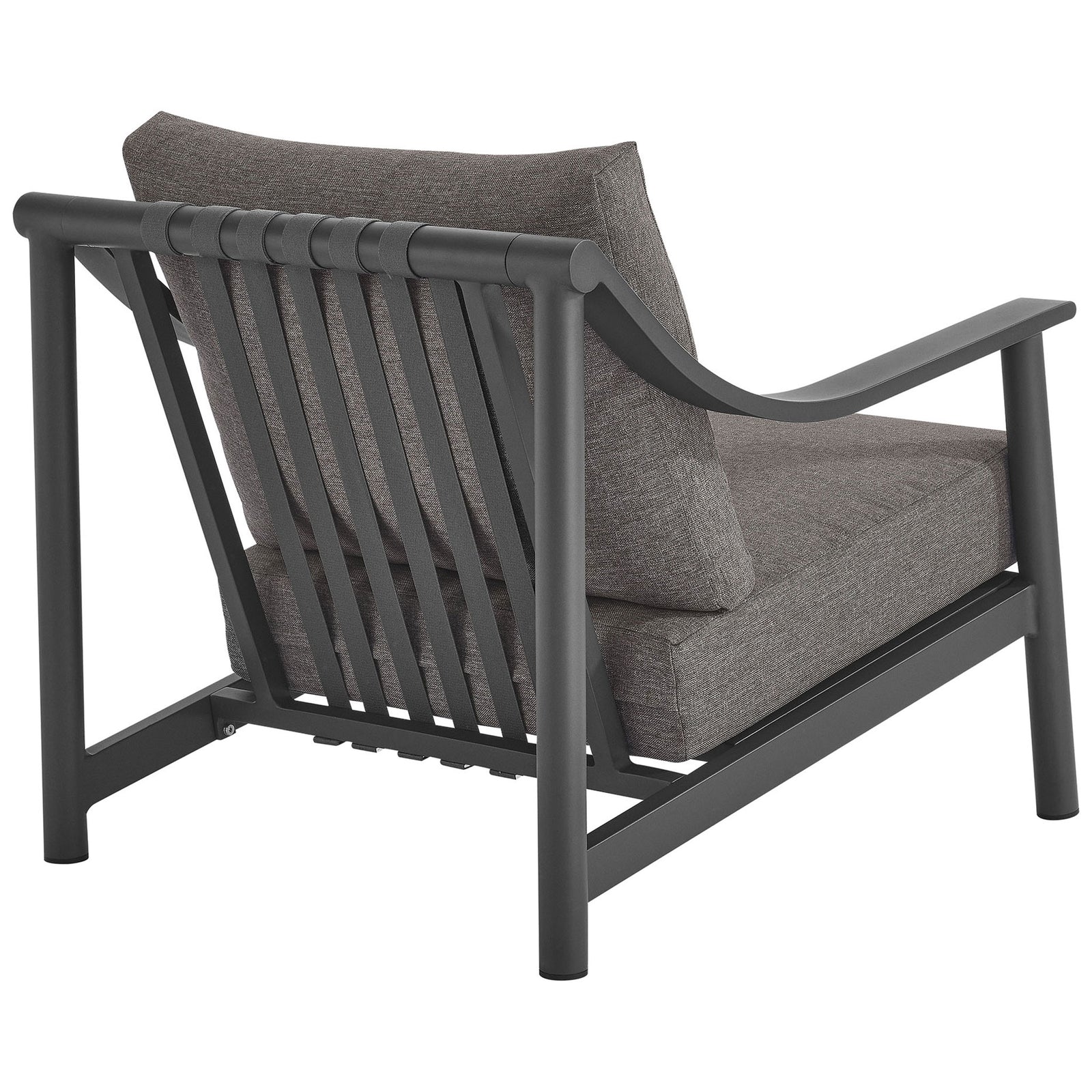 Graphite outdoor armchair featuring slatted back support and sturdy strap detailing for lasting comfort || EEI-6976-CAR-GPH || back_angle_studio