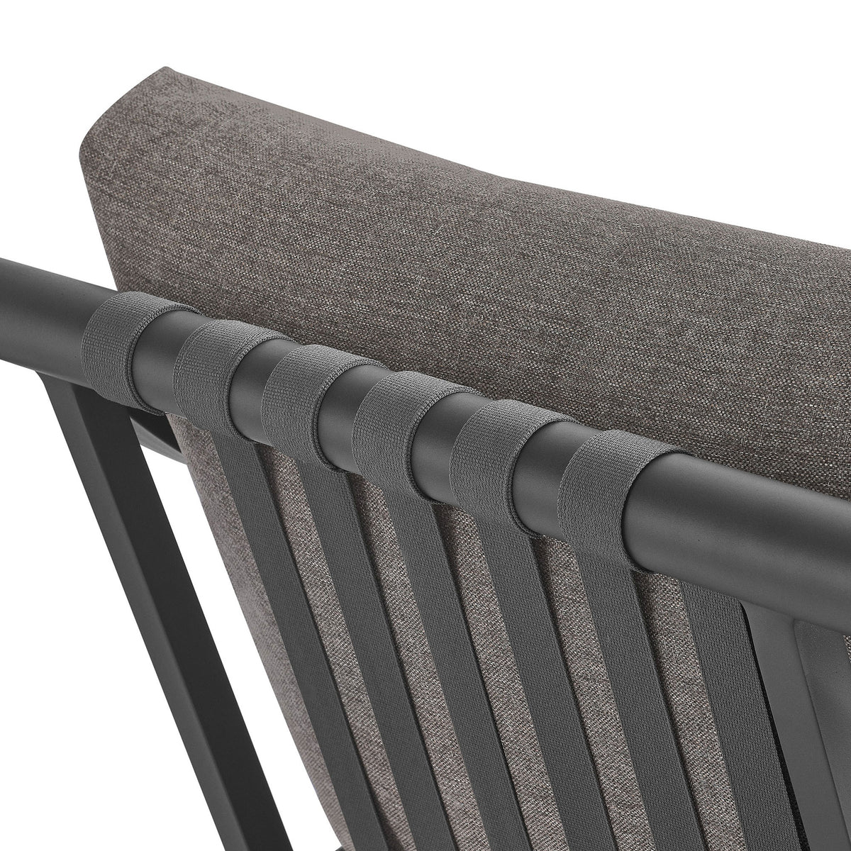 Durable fabric straps secure the plush back cushion to the powder coated aluminum frame || EEI-6976-CAR-GPH || detail_studio