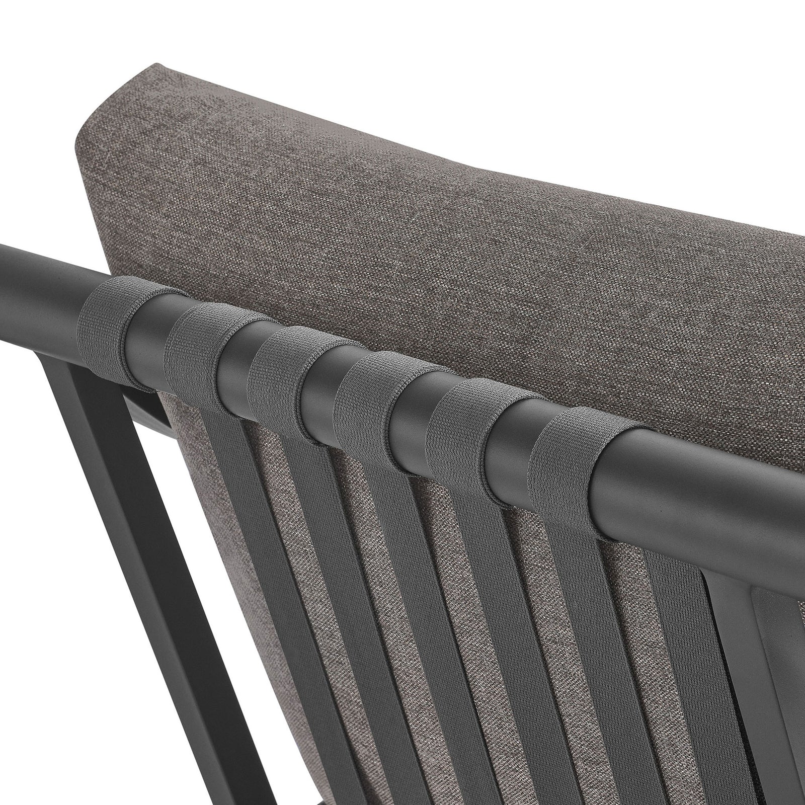 Durable fabric straps secure the plush back cushion to the powder coated aluminum frame || EEI-6976-CAR-GPH || detail_studio