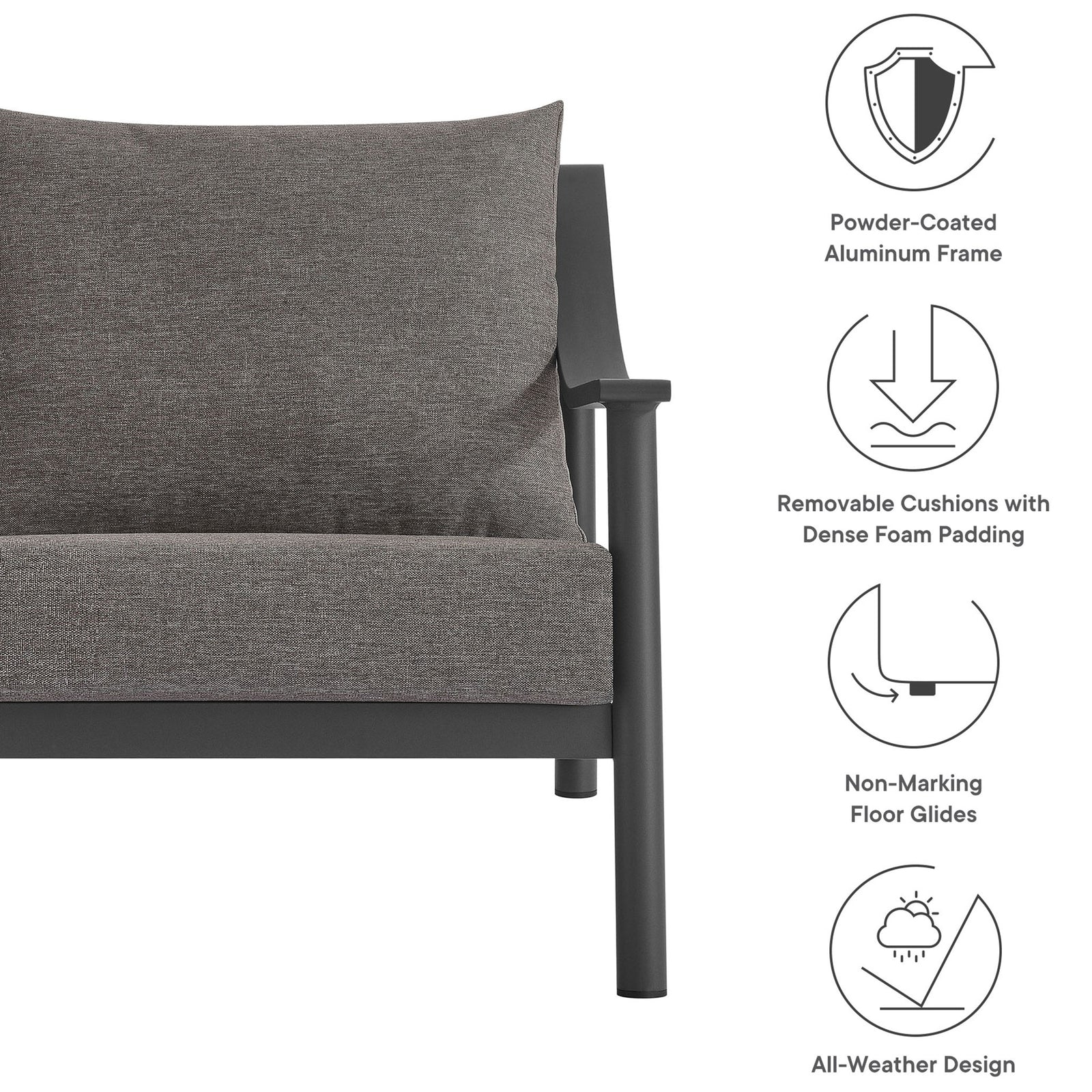 Outdoor accent armchair with powder coated aluminum, removable cushions, non marking glides, all weather comfort || EEI-6976-CAR-GPH || callout_studio