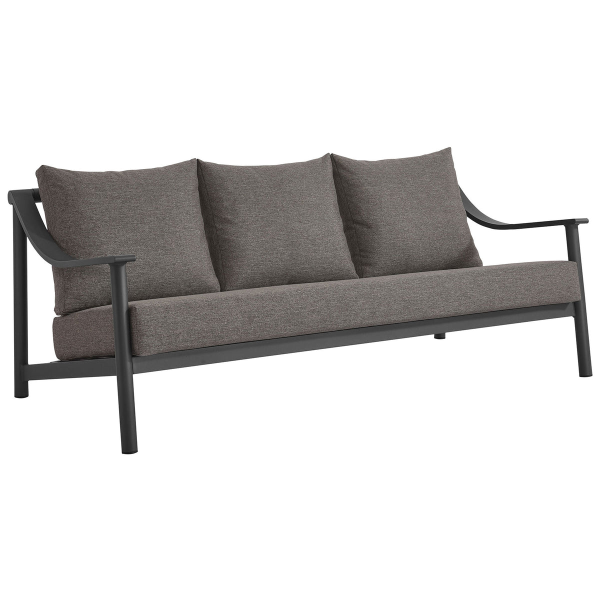 Sleek graphite patio sofa with plush three-cushion seat and gently curved aluminum arms || EEI-6977-CAR-GPH || front_angle_studio