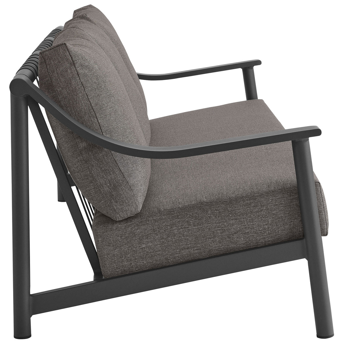 Low-profile outdoor sofa showcasing slim aluminum frame and thick, supportive seat cushions || EEI-6977-CAR-GPH || side_studio