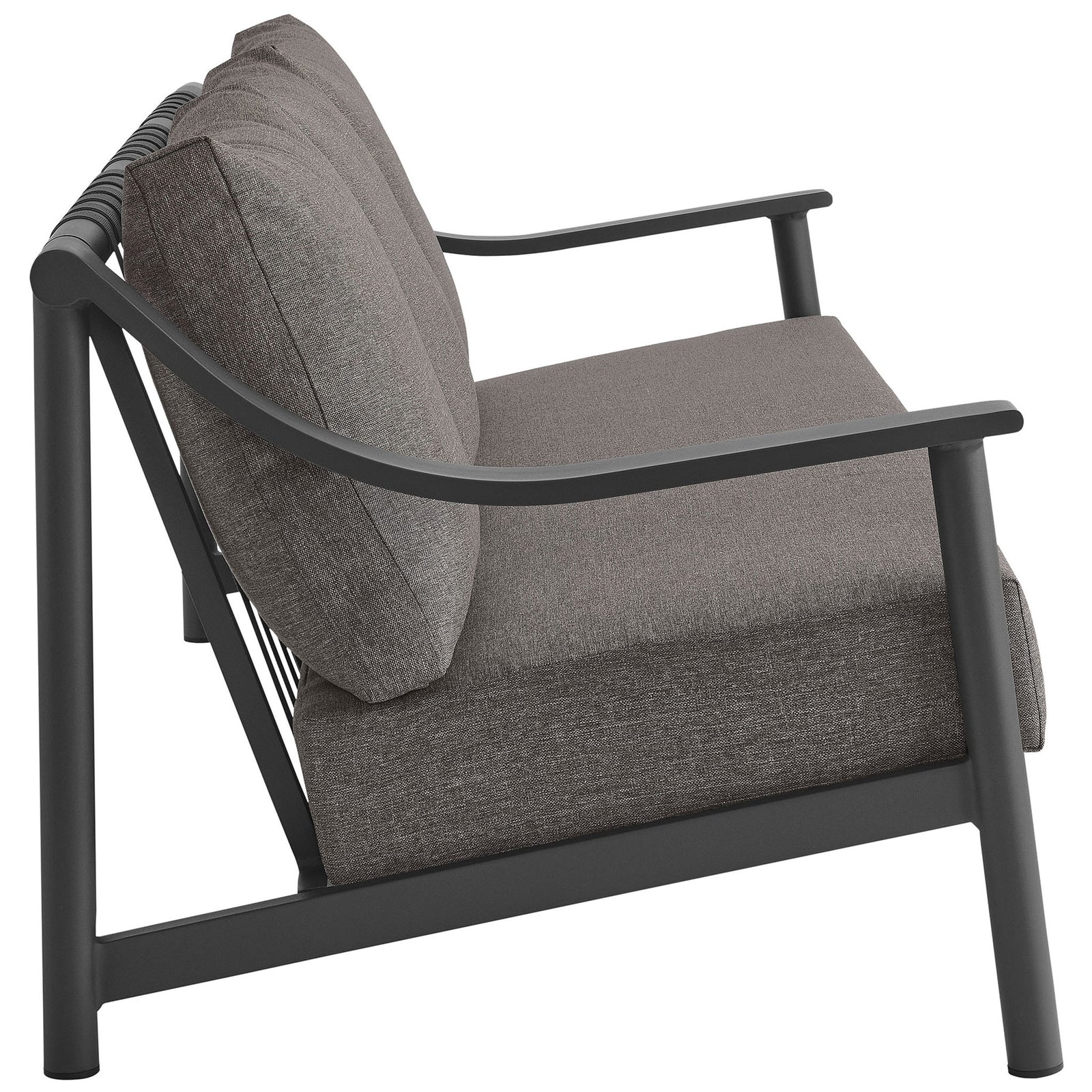 Low-profile outdoor sofa showcasing slim aluminum frame and thick, supportive seat cushions || EEI-6977-CAR-GPH || side_studio