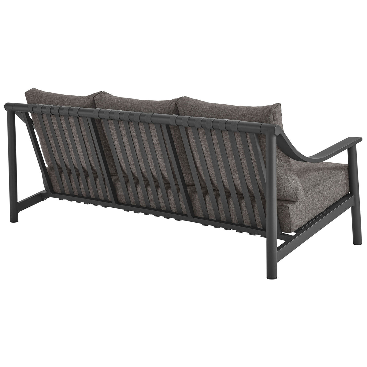 Contemporary outdoor sofa with open slatted backrest and wrapped top rail for airy comfort || EEI-6977-CAR-GPH || back_angle_studio