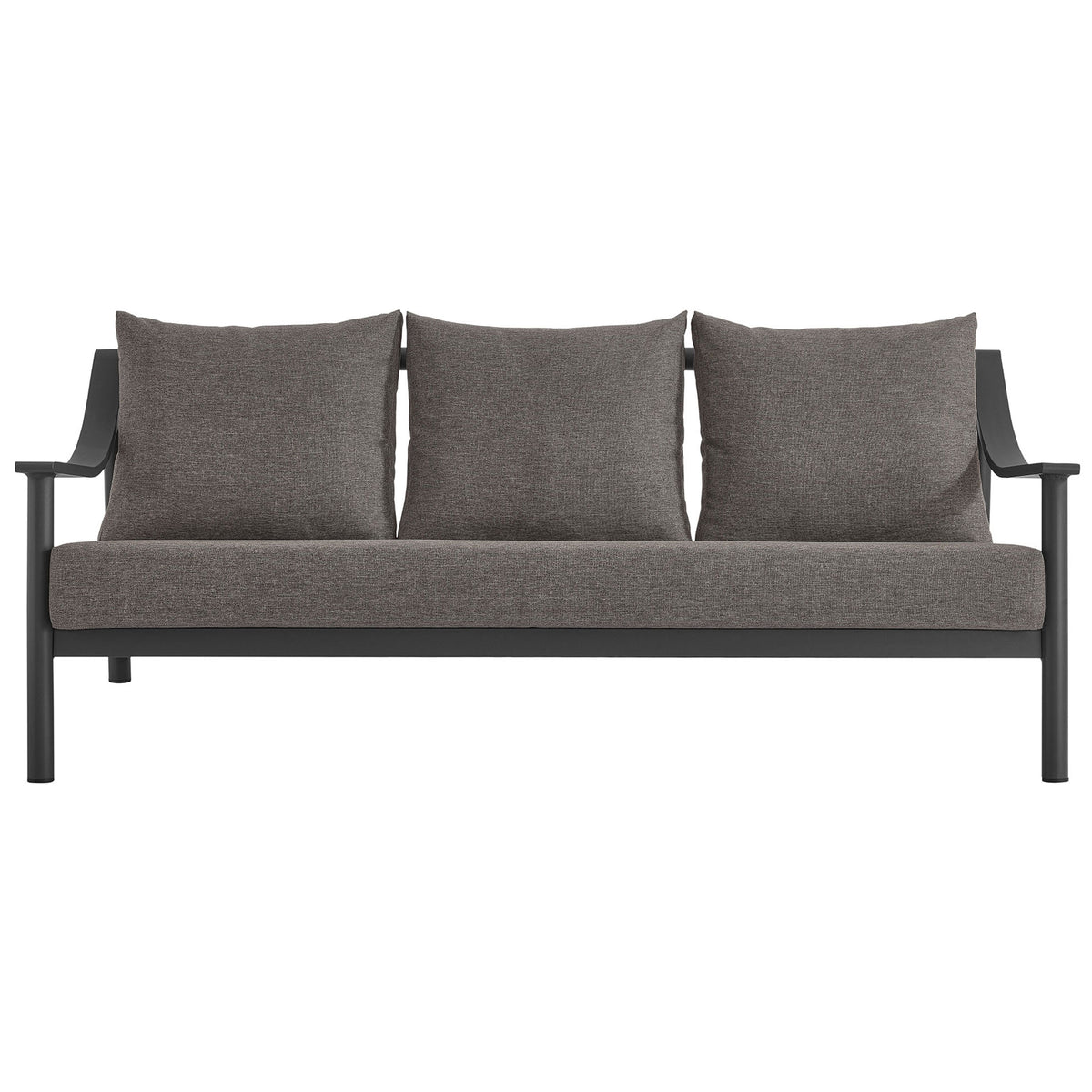 Three-seat graphite patio sofa with deep cushions and sculpted aluminum arms for modern lounging || EEI-6977-CAR-GPH || front_studio