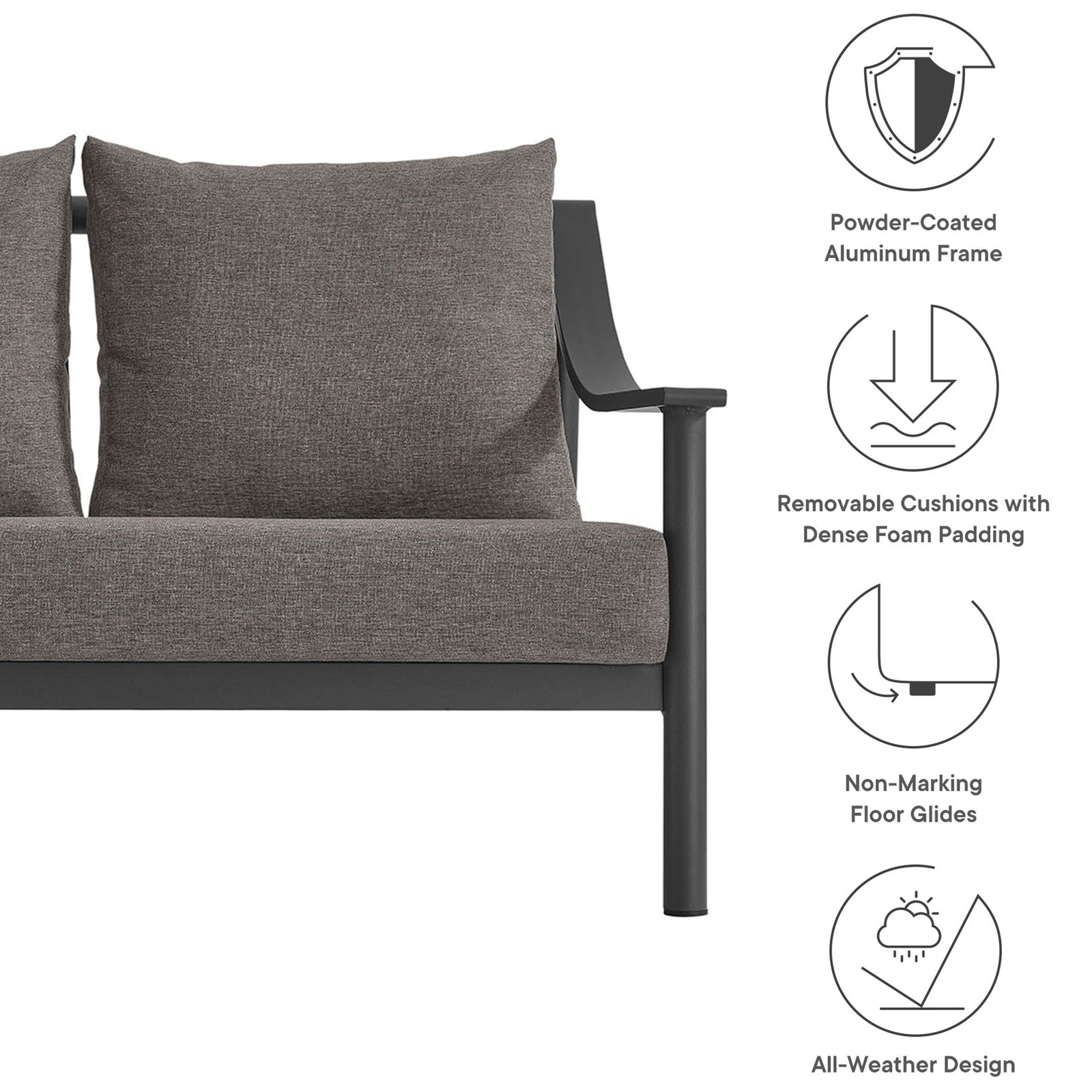 Terrace patio sofa with powder-coated aluminum frame, removable cushioned seating, and all-weather design || EEI-6977-CAR-GPH || callout_studio