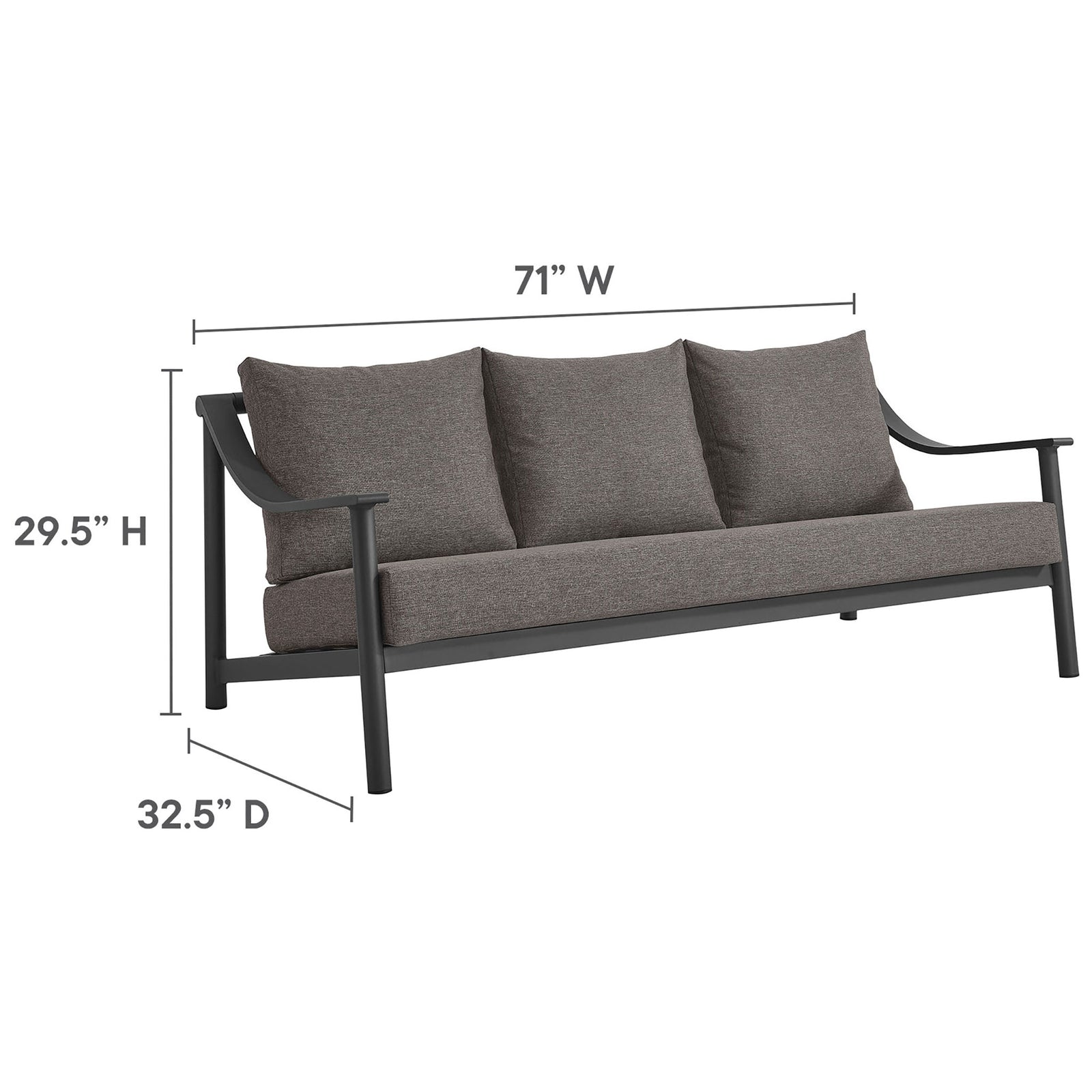 Spacious three-seat outdoor sofa sized for modern patios, featuring deep cushions and refined aluminum frame || EEI-6977-CAR-GPH || dimension_studio