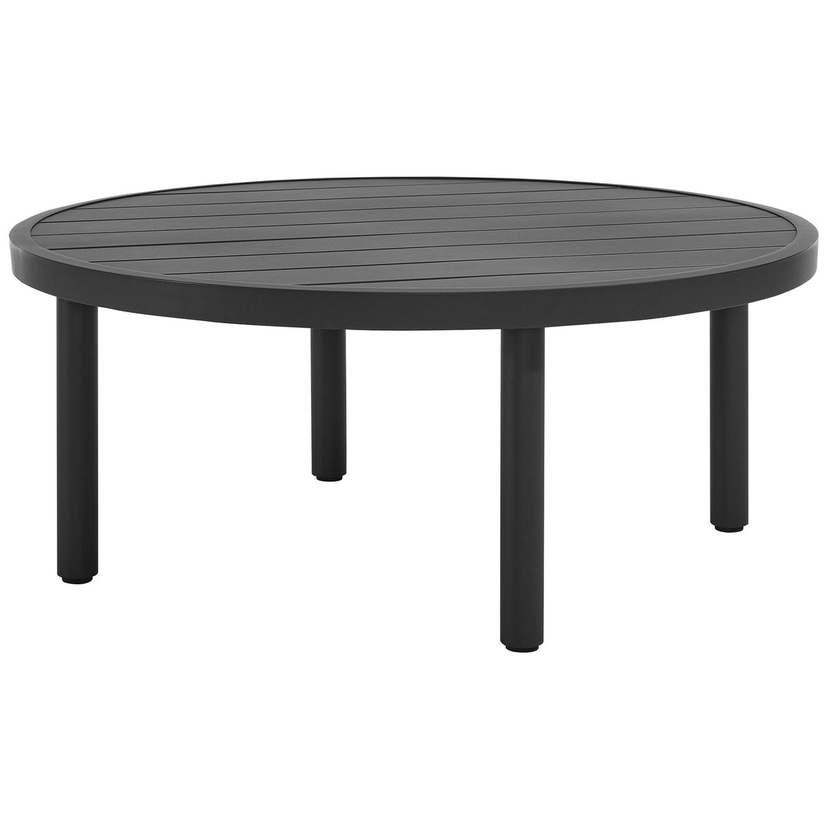 Graphite round aluminum coffee table with slatted top and four sturdy cylindrical legs || EEI-6978-GPH || front_angle_studio