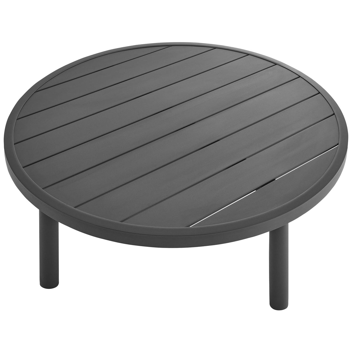 Round graphite coffee table showcasing wide slatted aluminum top and smooth beveled rim || EEI-6978-GPH || top_angle_studio