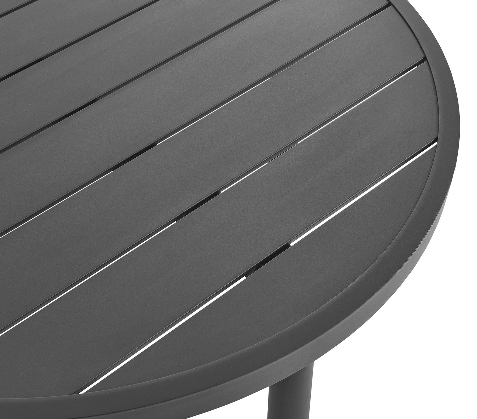 Detail of graphite slatted aluminum tabletop highlighting sleek modern finish and drainage gaps || EEI-6978-GPH || swatch_studio