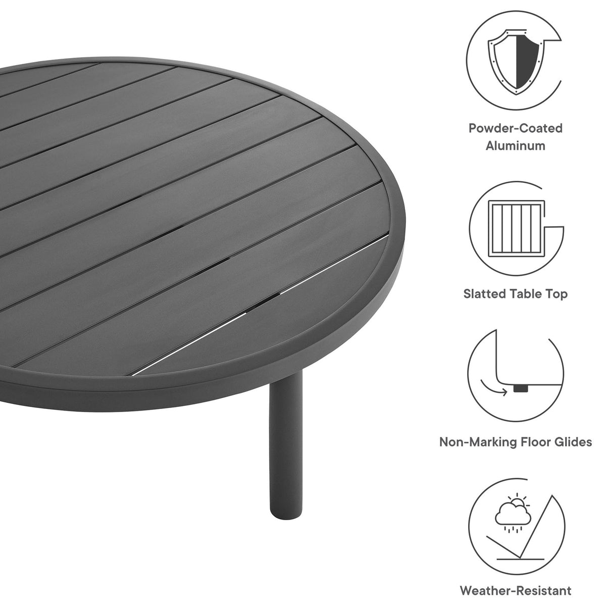 Graphite slatted patio coffee table with icons highlighting powder-coated aluminum and weather resistance || EEI-6978-GPH || callout_studio