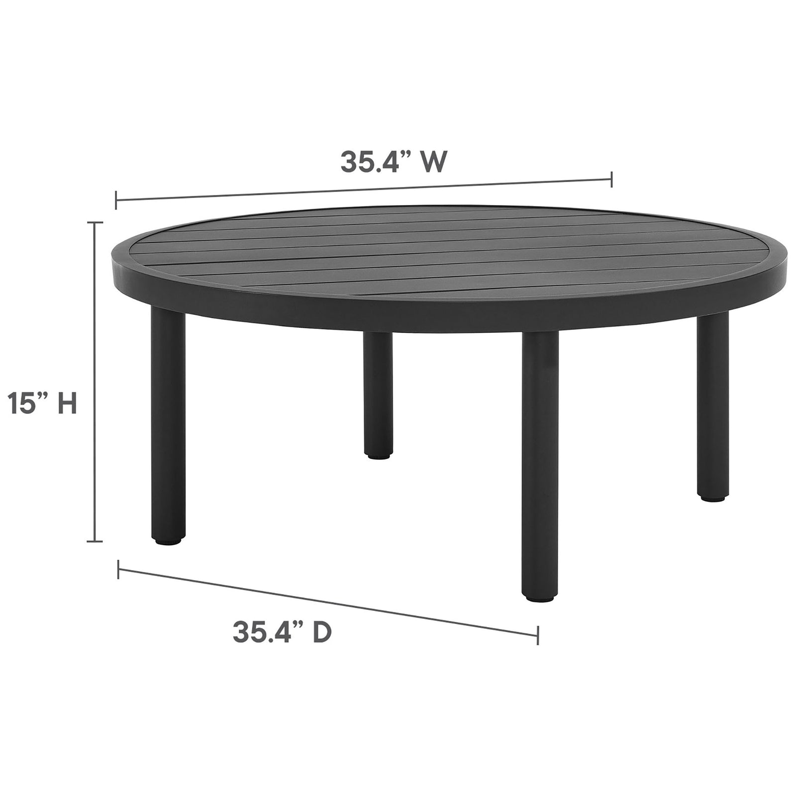Graphite round patio coffee table with labeled width, depth, and height dimensions for easy planning || EEI-6978-GPH || dimension_studio
