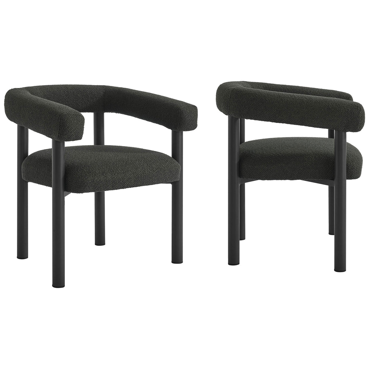 Set of two charcoal graphite upholstered outdoor armchairs with rounded backs and sleek cylindrical legs || EEI-6979-CHA-GPH || front_angle_multi_studio