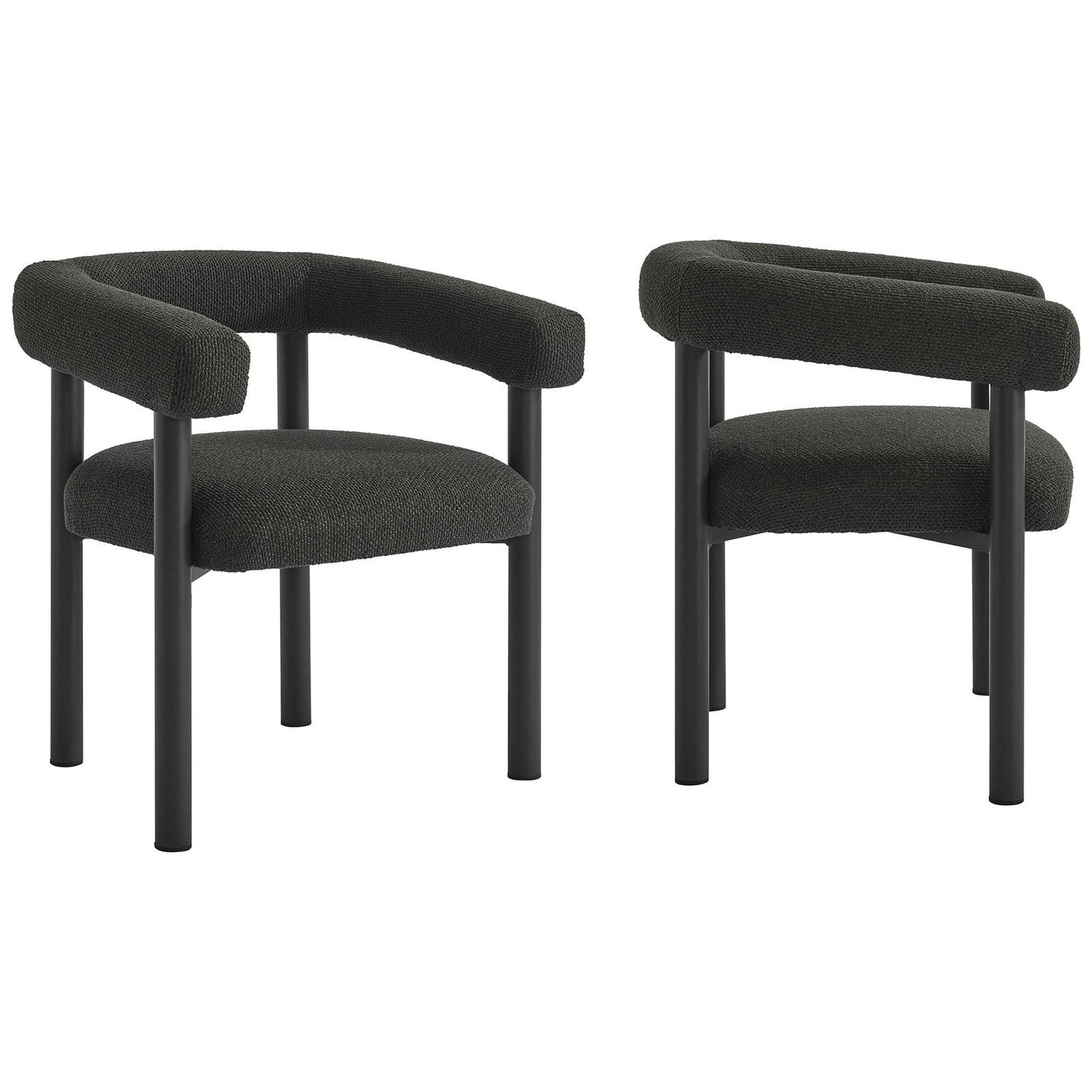 Set of two charcoal graphite upholstered outdoor armchairs with rounded backs and sleek cylindrical legs || EEI-6979-CHA-GPH || front_angle_multi_studio