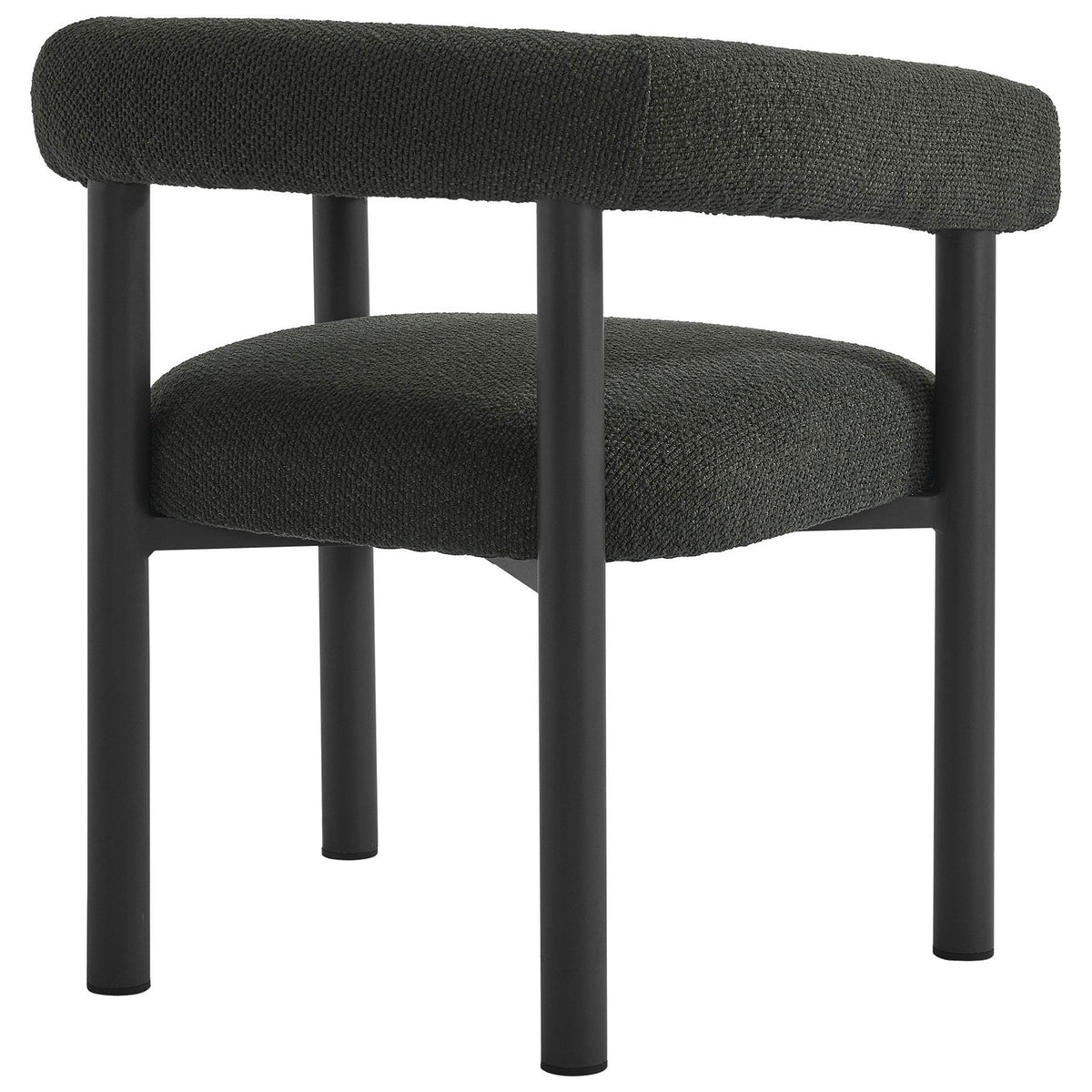 Charcoal graphite dining armchair highlighting the curved wraparound back and sturdy metal rear legs || EEI-6979-CHA-GPH || back_angle_studio