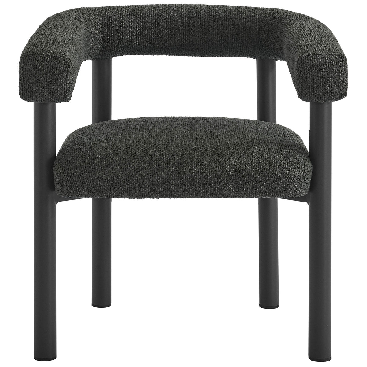 Charcoal graphite outdoor dining armchair with curved padded back and slim tubular aluminum legs || EEI-6979-CHA-GPH || front_studio