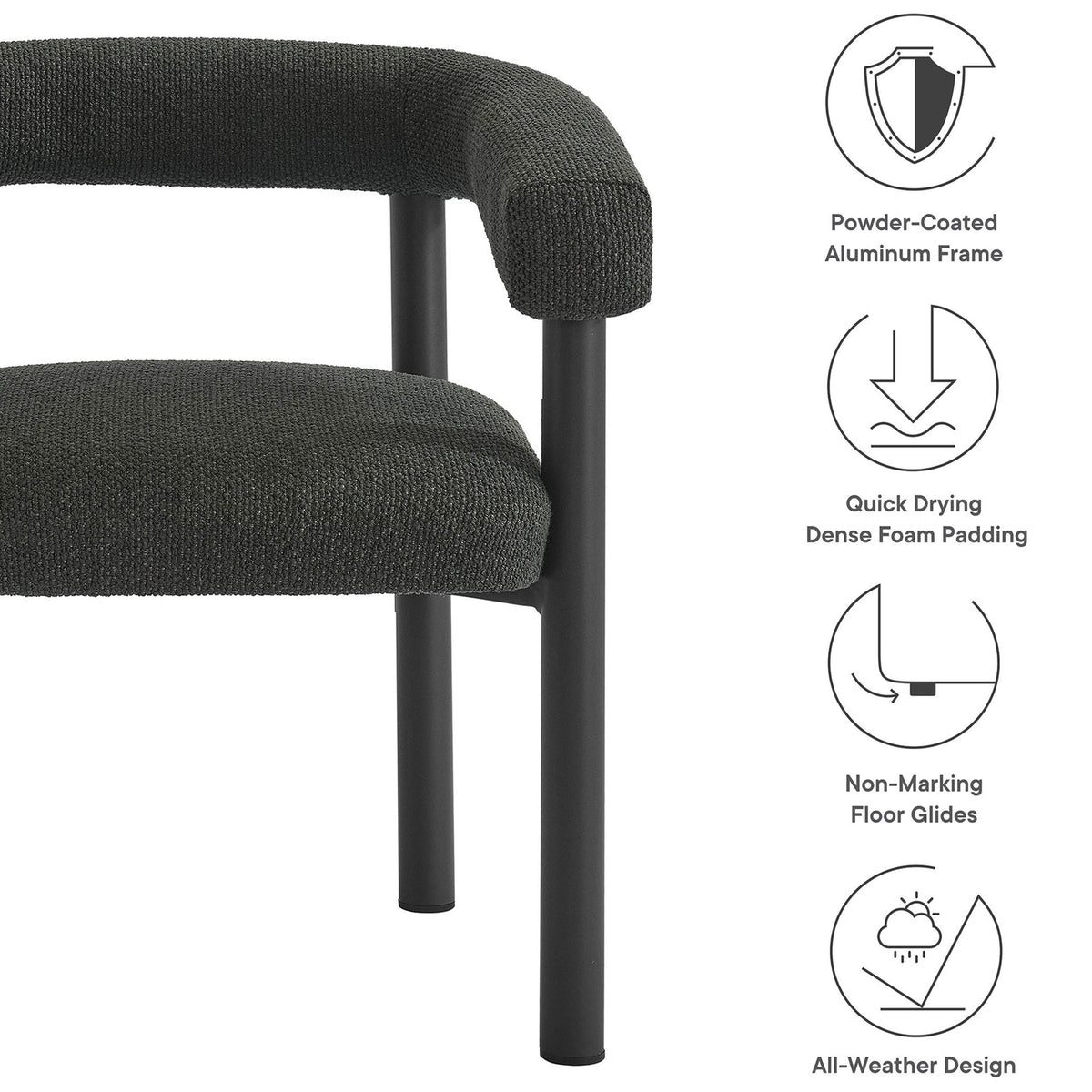 Charcoal graphite patio armchair with powder coated aluminum frame, quick drying foam, and floor glides || EEI-6979-CHA-GPH || callout_studio