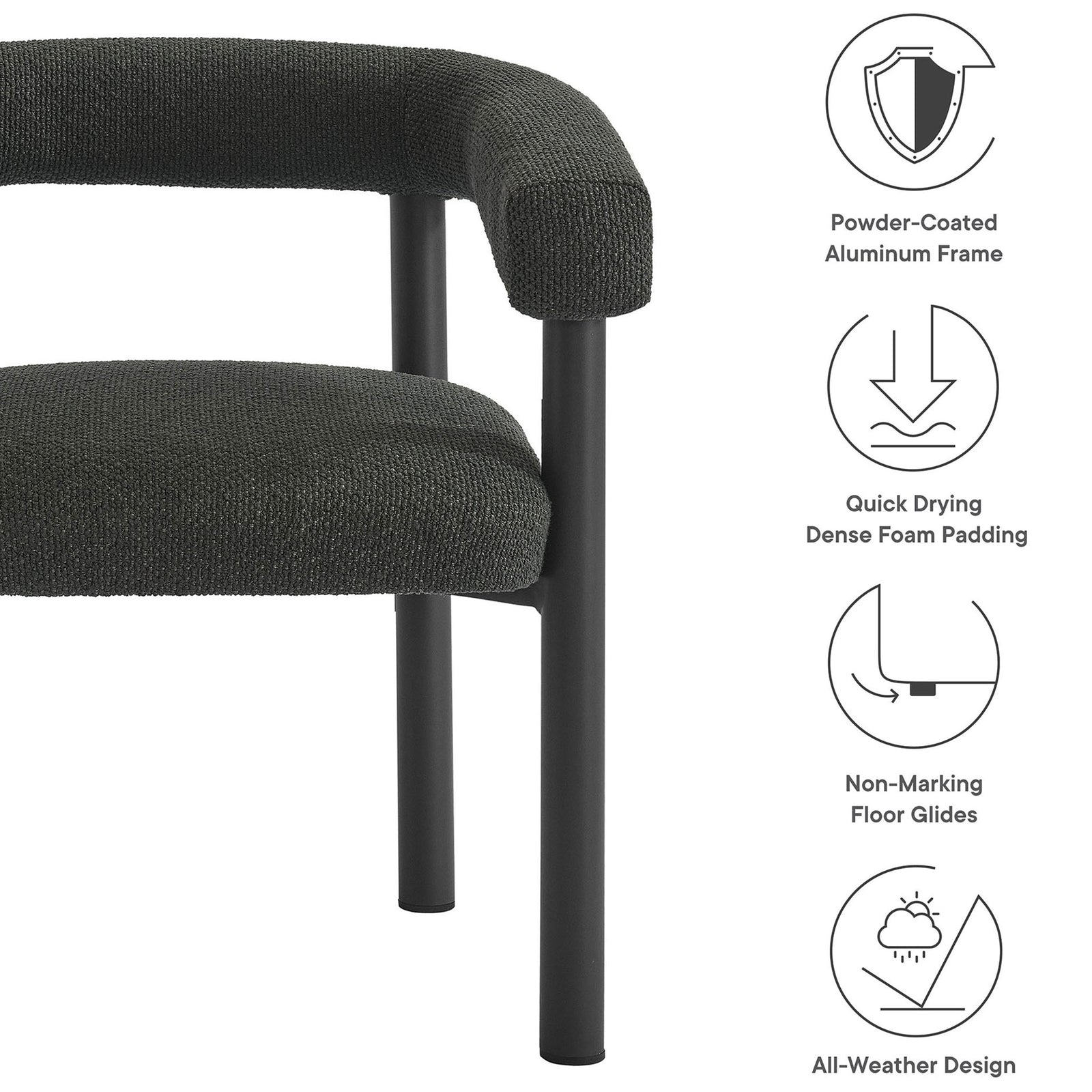 Charcoal graphite patio armchair with powder coated aluminum frame, quick drying foam, and floor glides || EEI-6979-CHA-GPH || callout_studio