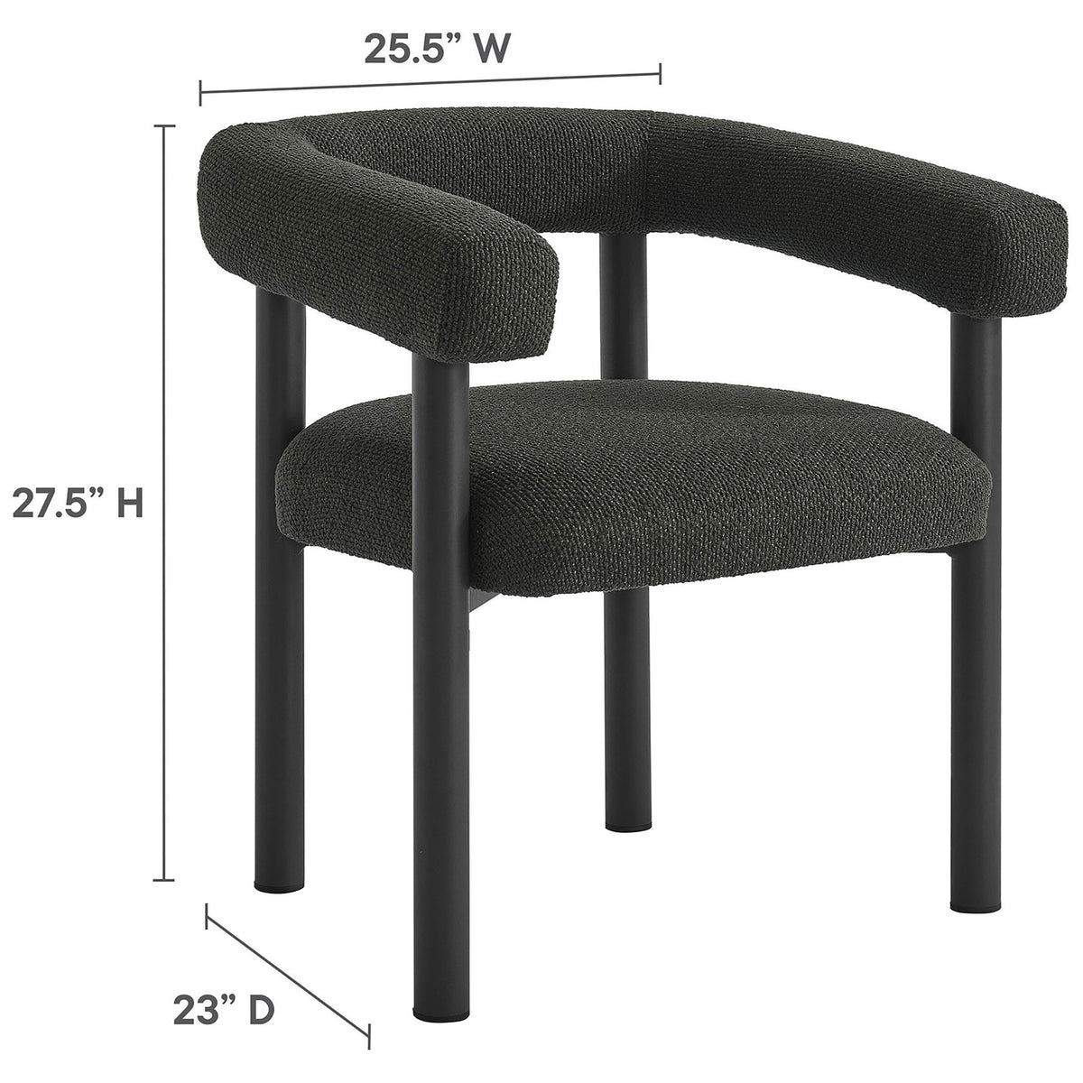 Charcoal graphite outdoor dining chair with generous seat and arm height, featuring clear width and depth dimensions || EEI-6979-CHA-GPH || dimension_studio