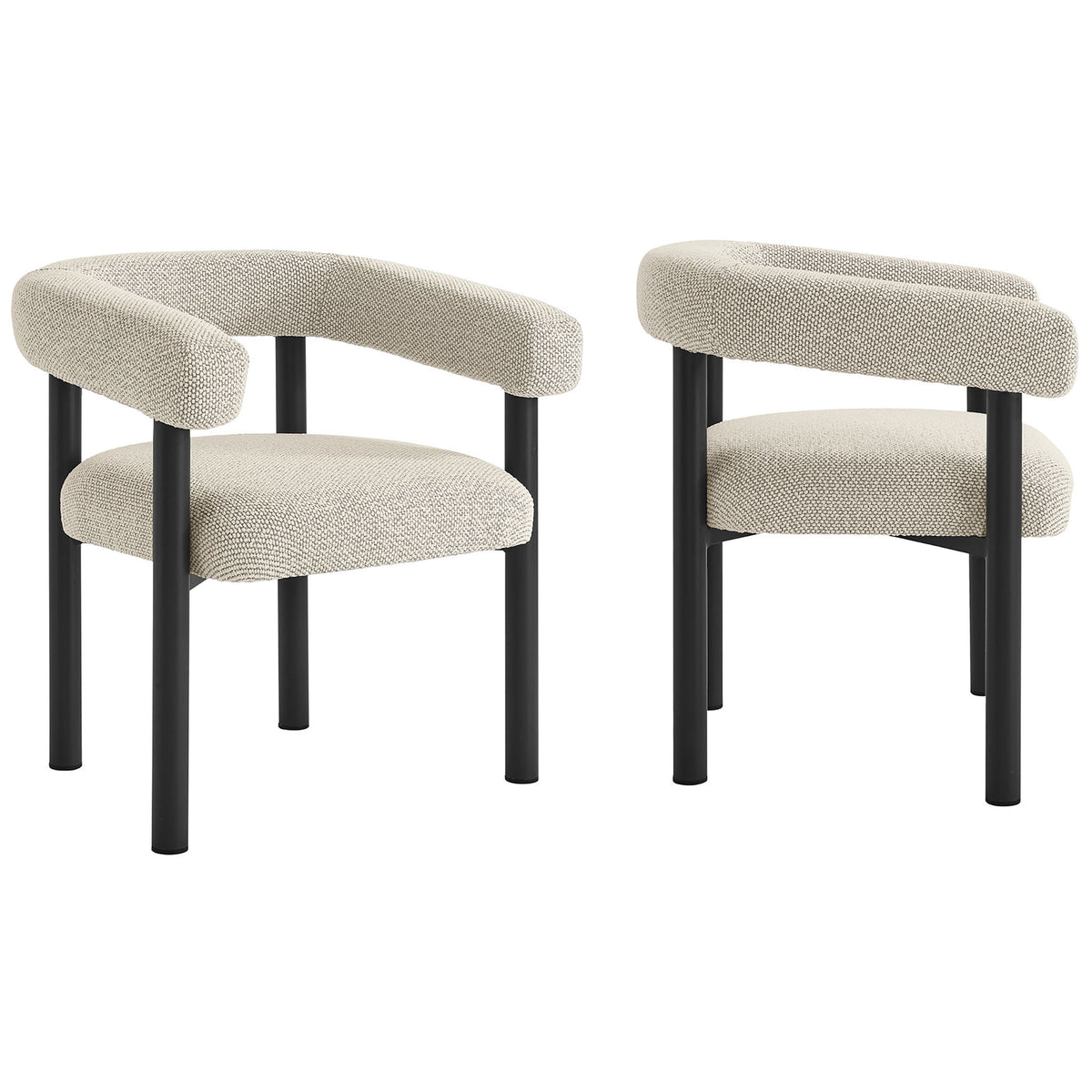 Set of two ivory upholstered outdoor armchairs with curved backs and sleek graphite metal legs || EEI-6979-IVO-GPH || front_angle_multi_studio