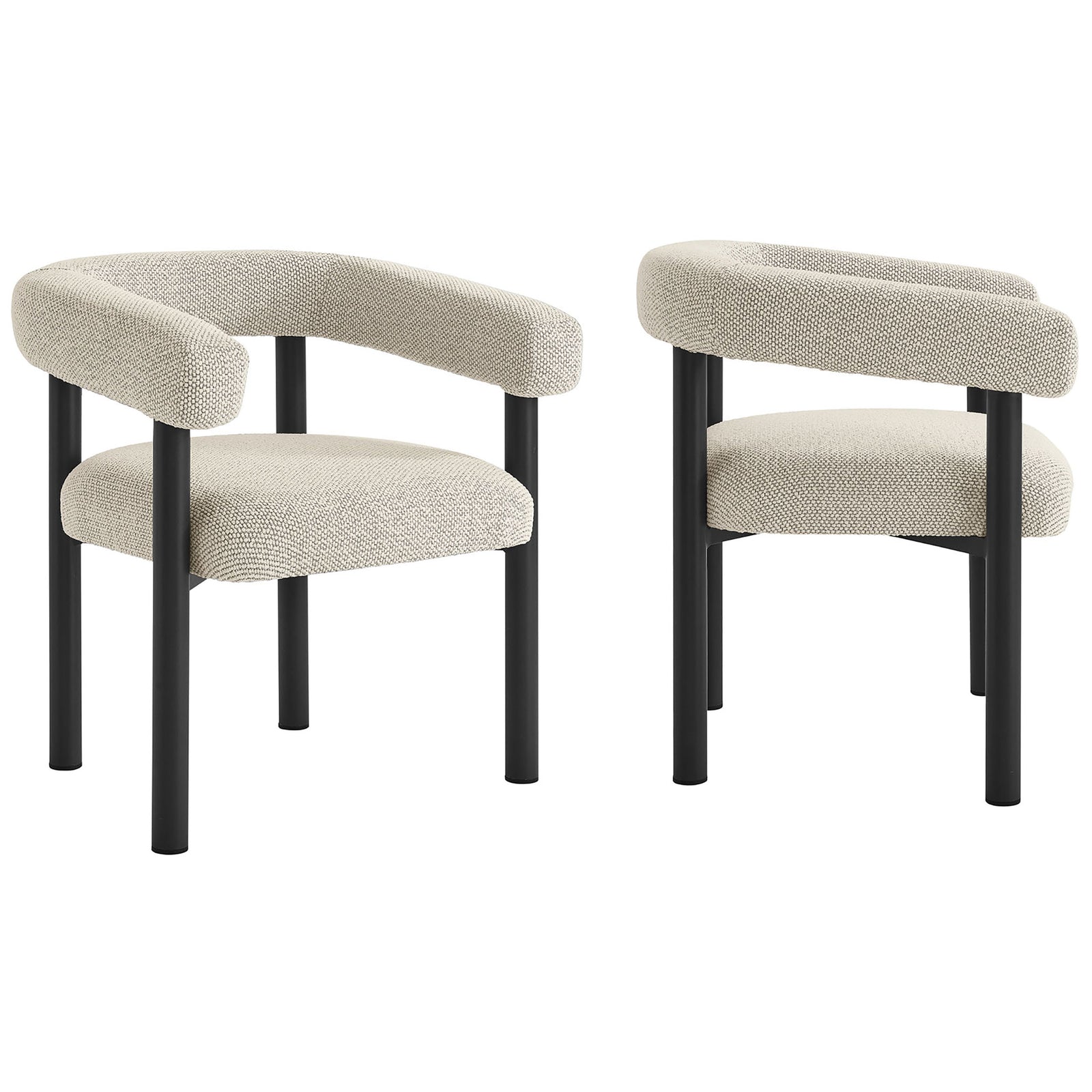 Set of two ivory upholstered outdoor armchairs with curved backs and sleek graphite metal legs || EEI-6979-IVO-GPH || front_angle_multi_studio
