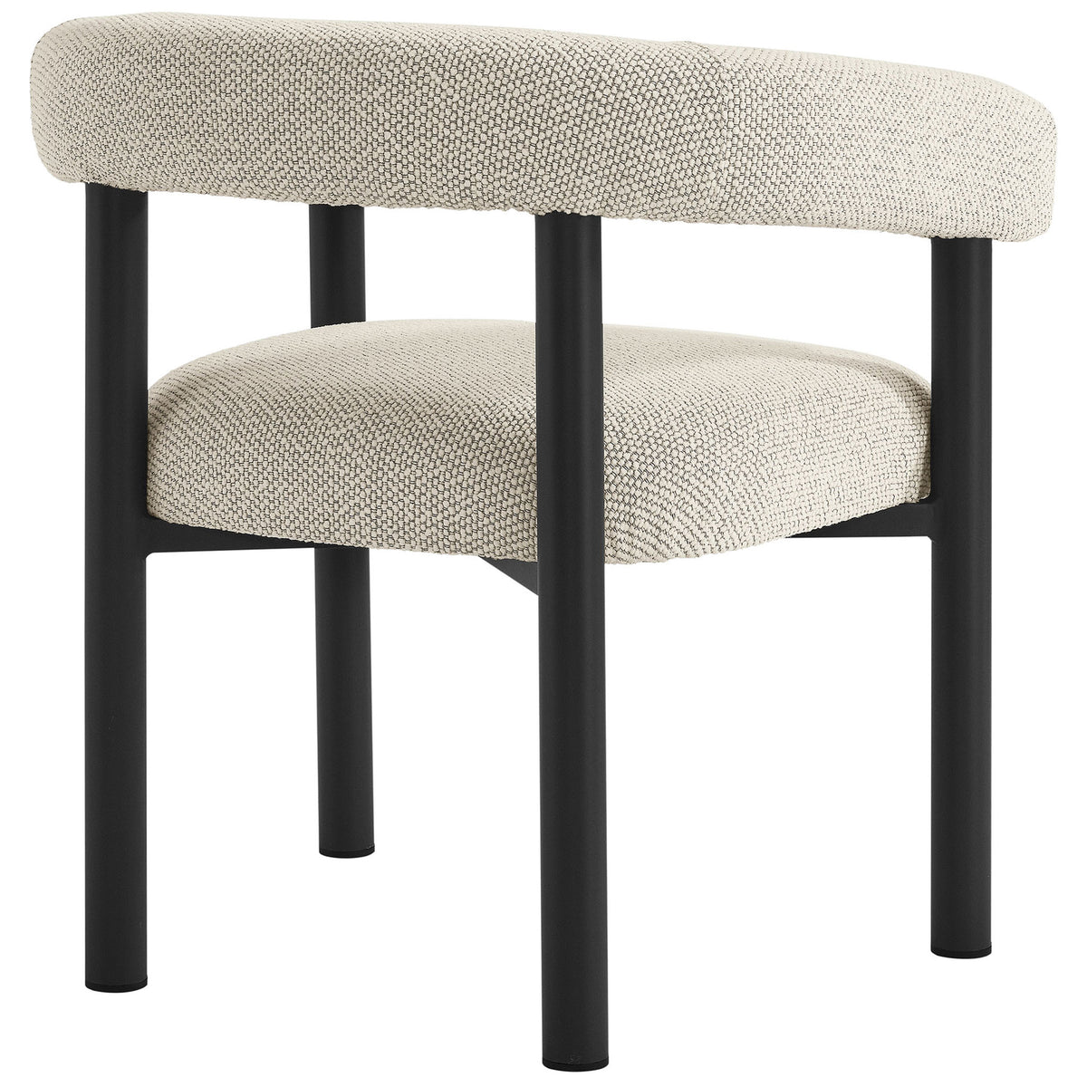 Ivory upholstered dining armchair emphasizing the rounded backrest and sturdy rear metal legs || EEI-6979-IVO-GPH || back_angle_studio