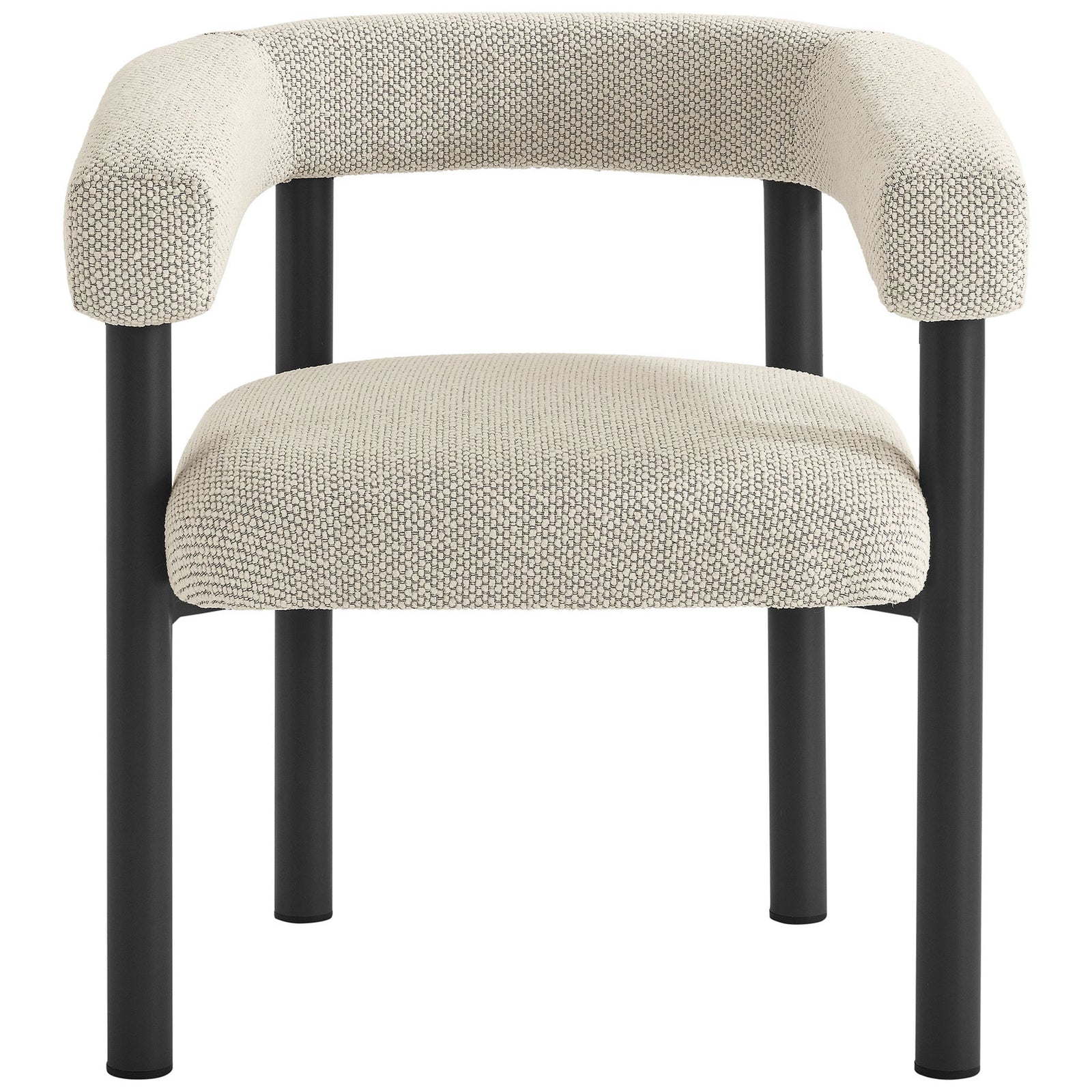 Ivory outdoor dining armchair with curved padded backrest and black powder coated aluminum legs || EEI-6979-IVO-GPH || front_studio