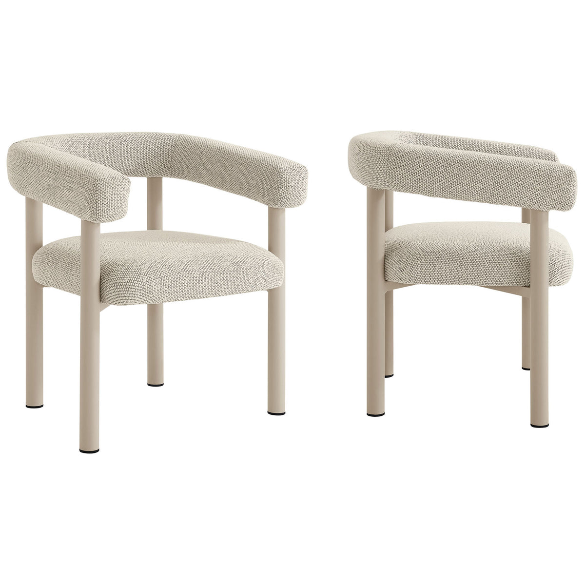 Set of two ivory upholstered outdoor armchairs with curved backs and taupe cylindrical legs || EEI-6979-IVO-TAU || front_angle_multi_studio