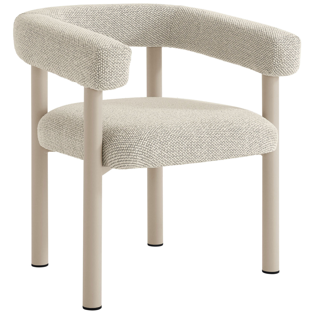Modern ivory upholstered patio armchair with wraparound back and slim taupe metal legs || EEI-6979-IVO-TAU || front_angle_studio