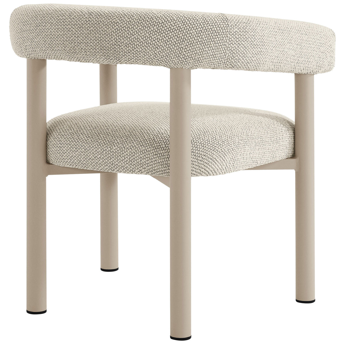 Ivory dining armchair with a rounded backrest and supportive taupe metal legs for outdoor use || EEI-6979-IVO-TAU || back_angle_studio