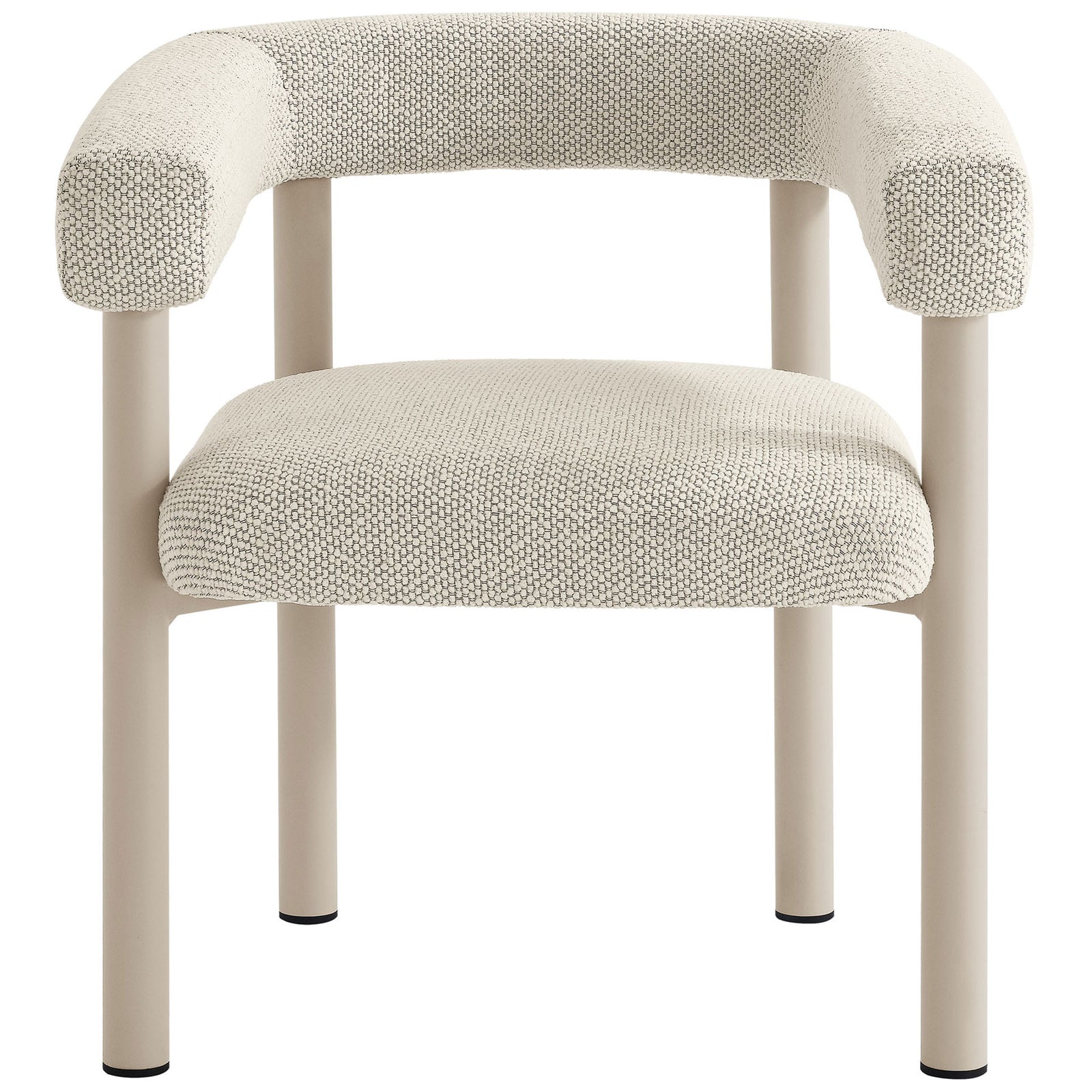 Ivory outdoor dining armchair with curved padded back and taupe powder coated aluminum legs || EEI-6979-IVO-TAU || front_studio
