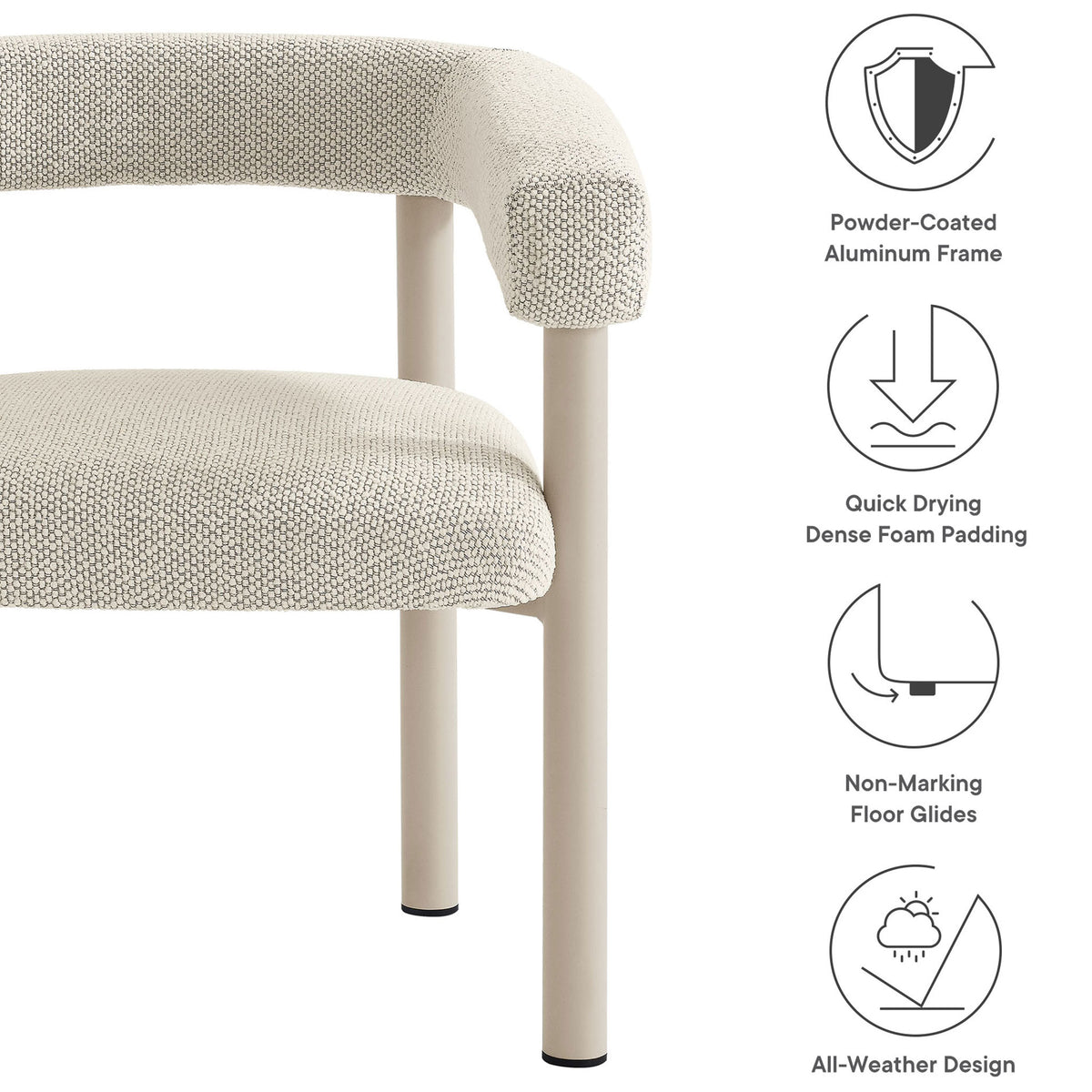 Ivory patio armchair with taupe aluminum frame, quick drying foam padding, and non marking floor glides || EEI-6979-IVO-TAU || callout_studio