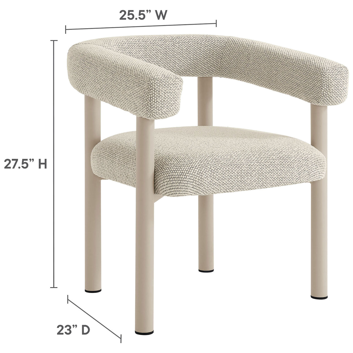Ivory outdoor dining chair with rounded back and seat plus clearly marked width, depth, and height dimensions || EEI-6979-IVO-TAU || dimension_studio
