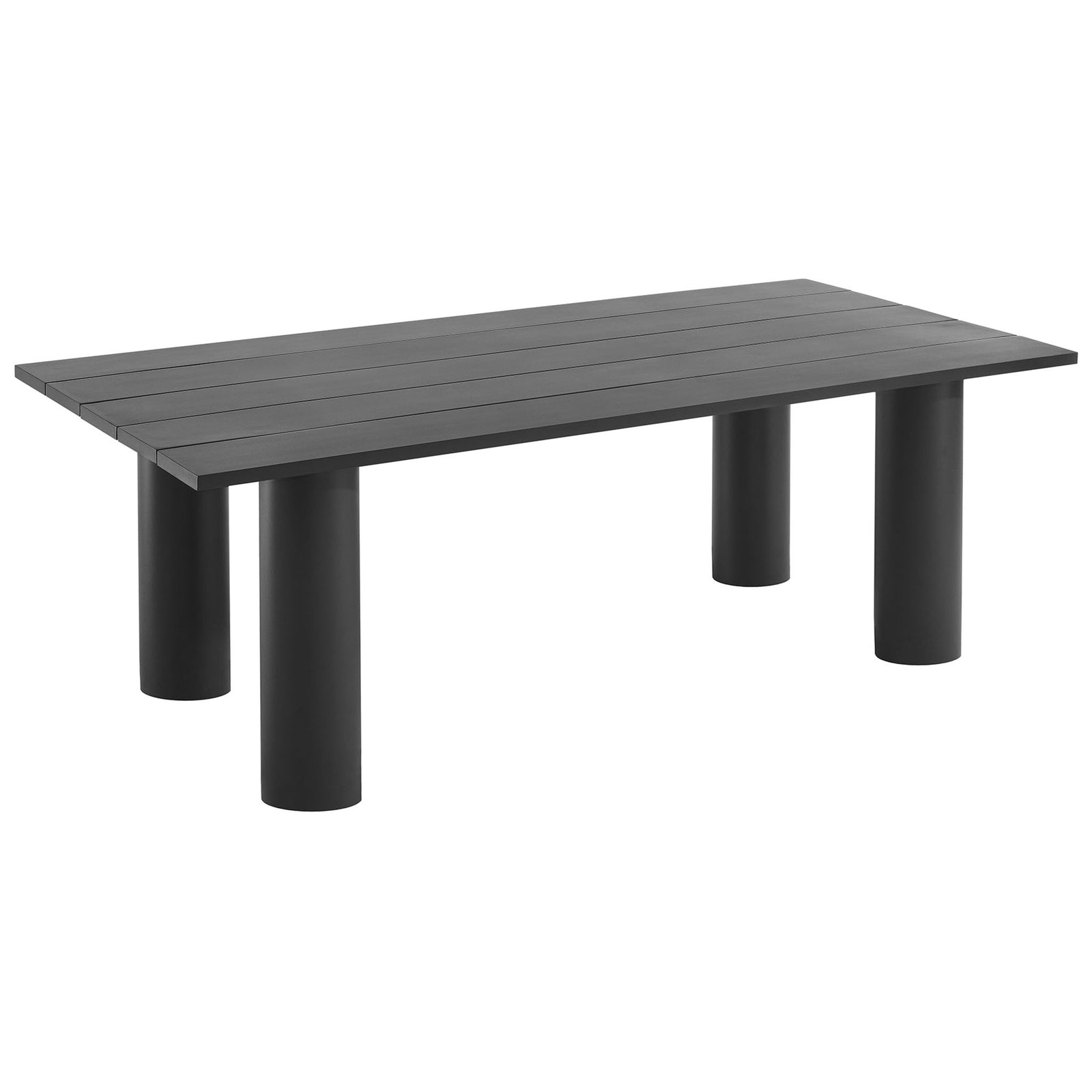 Graphite aluminum dining table showcasing its generous slatted surface and sturdy cylindrical legs for modern patios || EEI-6980-GPH || front_angle_studio