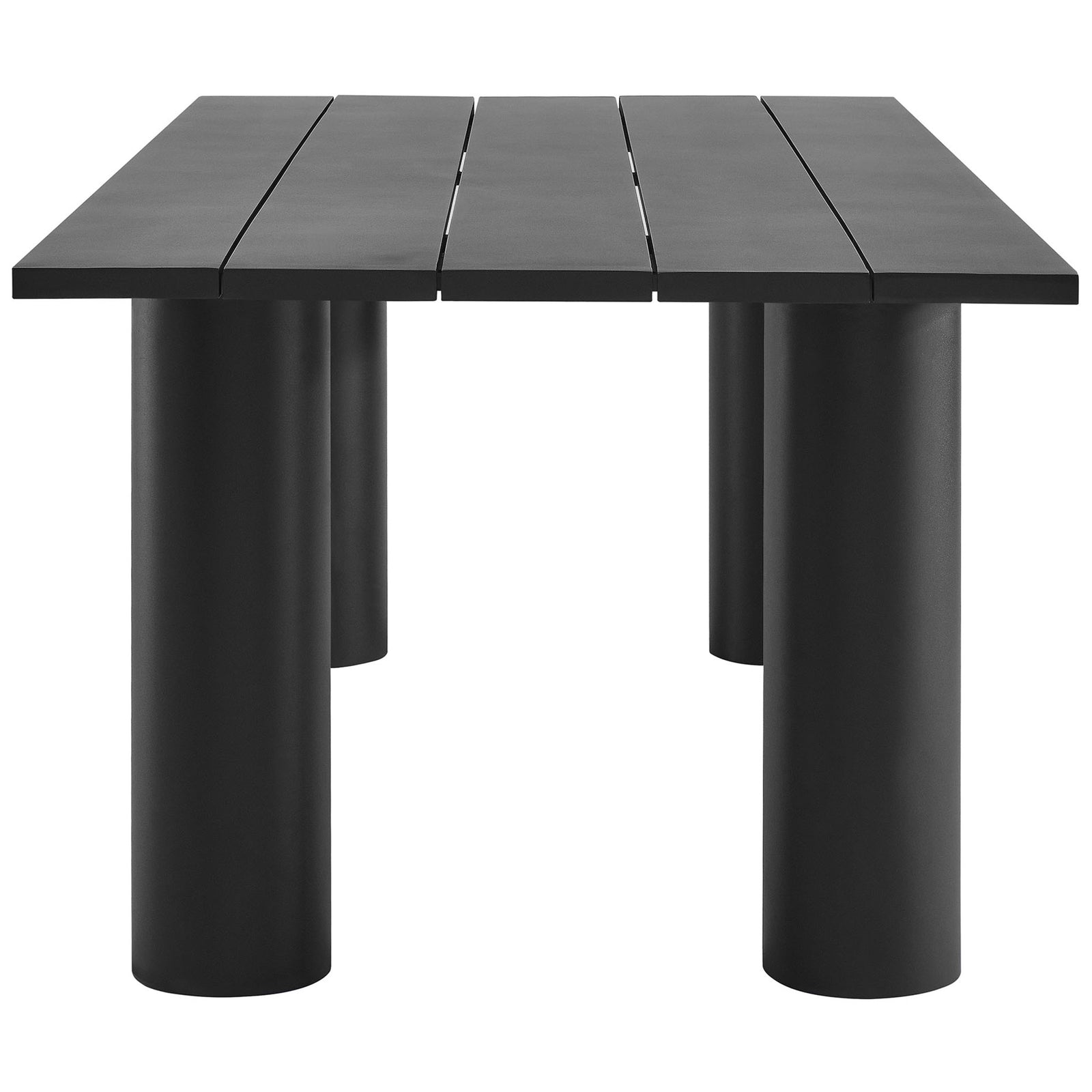 Graphite aluminum patio dining table with deep tabletop overhang and chunky cylindrical legs creating a bold profile || EEI-6980-GPH || side_studio
