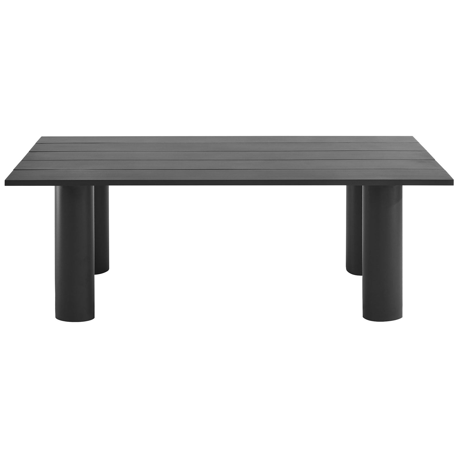 Rectangular graphite aluminum patio table with slatted top and bold round legs for sleek outdoor dining || EEI-6980-GPH || front_studio