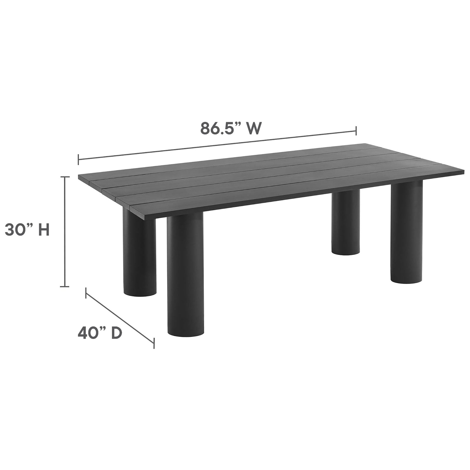 Graphite rectangular outdoor dining table with slatted top and diagrammed size about 87 by 40 by 30 inches || EEI-6980-GPH || dimension_studio