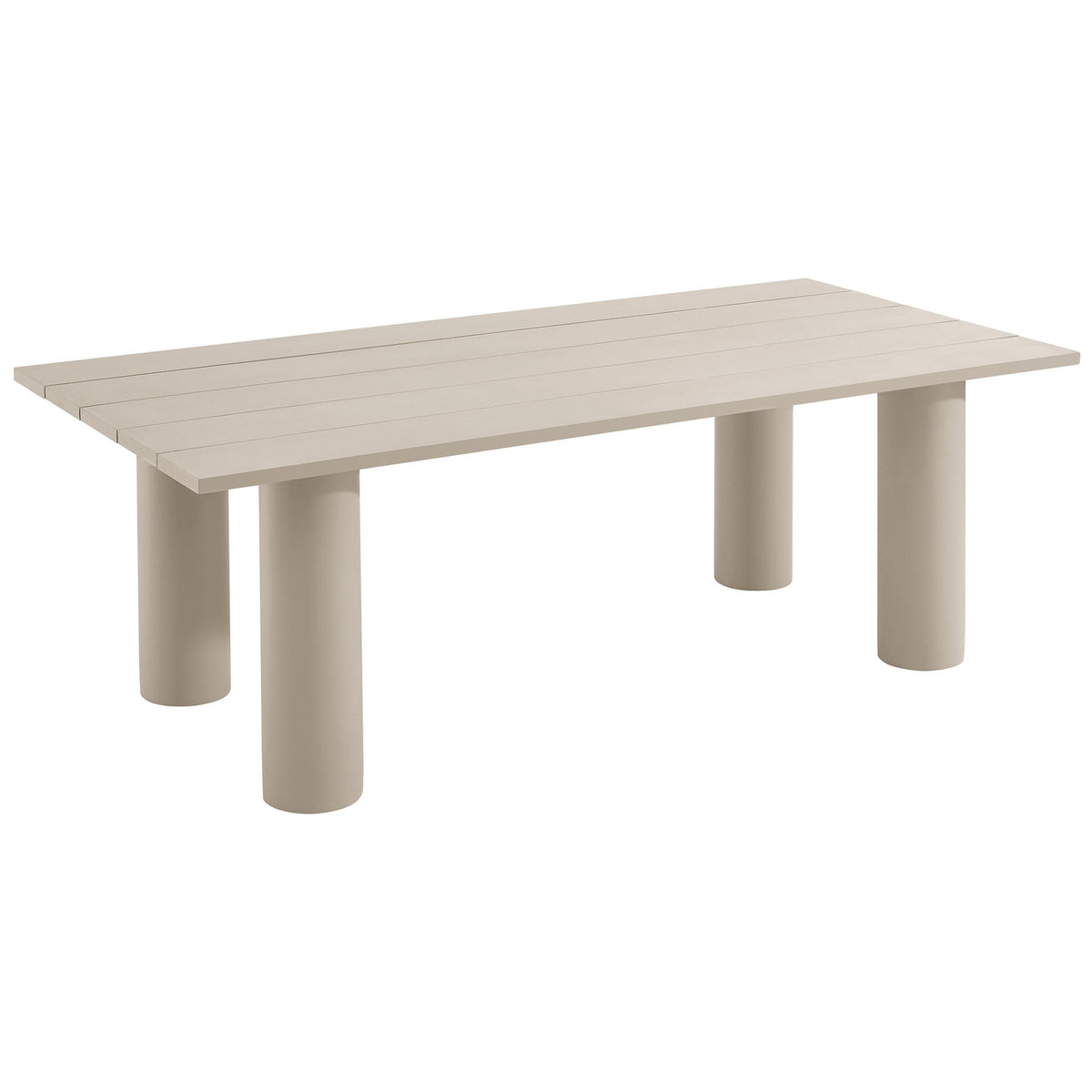 Taupe aluminum dining table showcasing its spacious slatted surface and tubular legs that anchor contemporary patios || EEI-6980-TAU || front_angle_studio