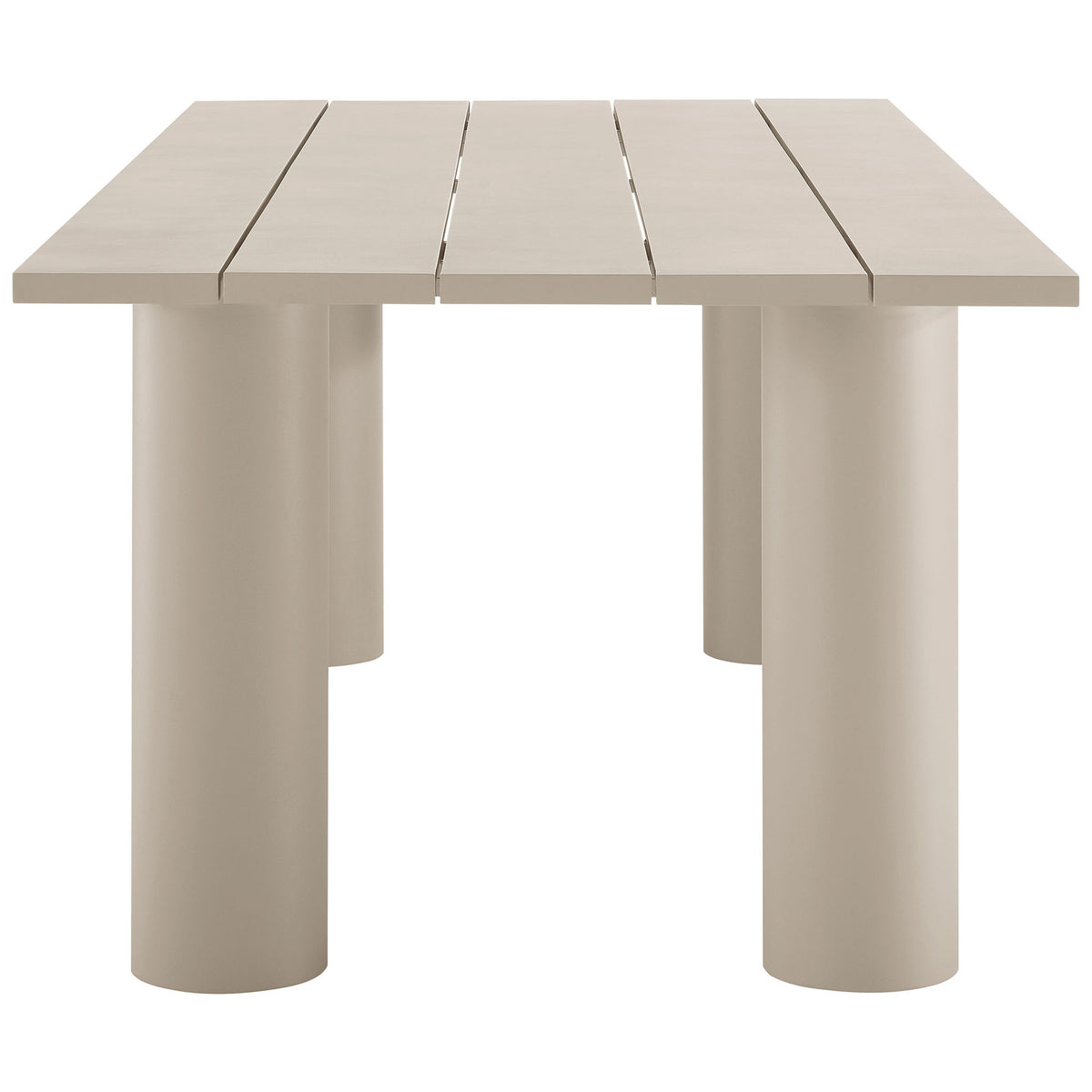 Taupe aluminum patio table with generous overhang and chunky cylindrical legs for a bold, sculptural silhouette || EEI-6980-TAU || side_studio