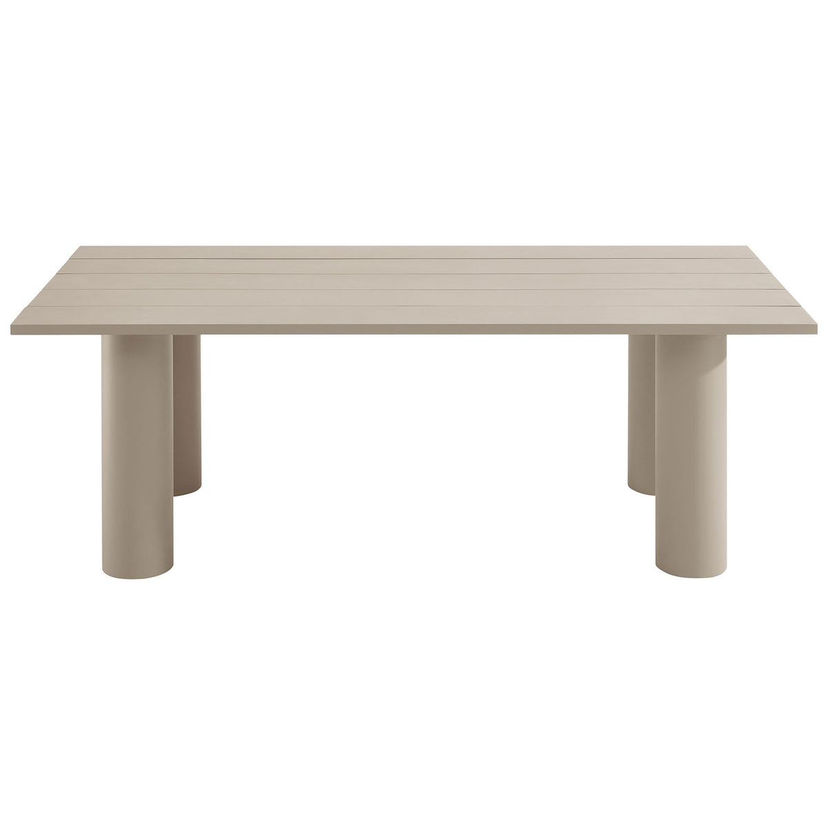 Rectangular taupe aluminum patio dining table with slatted top and thick round legs for clean, modern outdoor style || EEI-6980-TAU || front_studio