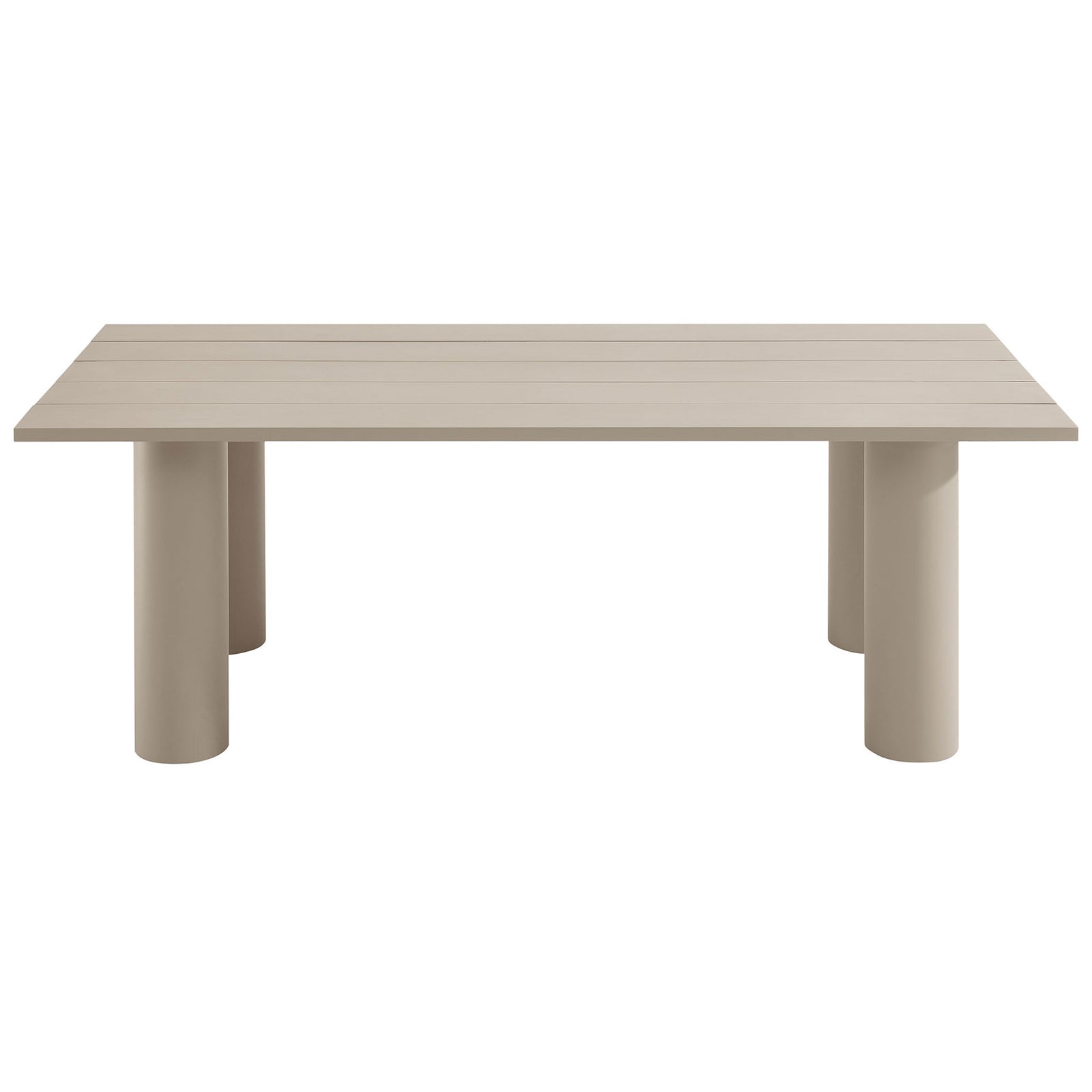 Rectangular taupe aluminum patio dining table with slatted top and thick round legs for clean, modern outdoor style || EEI-6980-TAU || front_studio