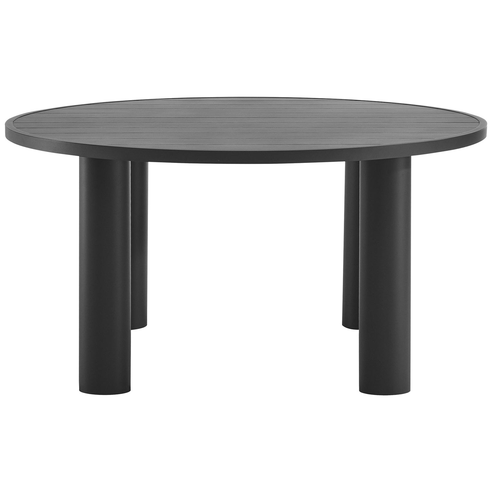 Round graphite aluminum patio dining table with slatted top and three sturdy cylindrical legs for sleek outdoor spaces || EEI-6981-GPH || front_studio
