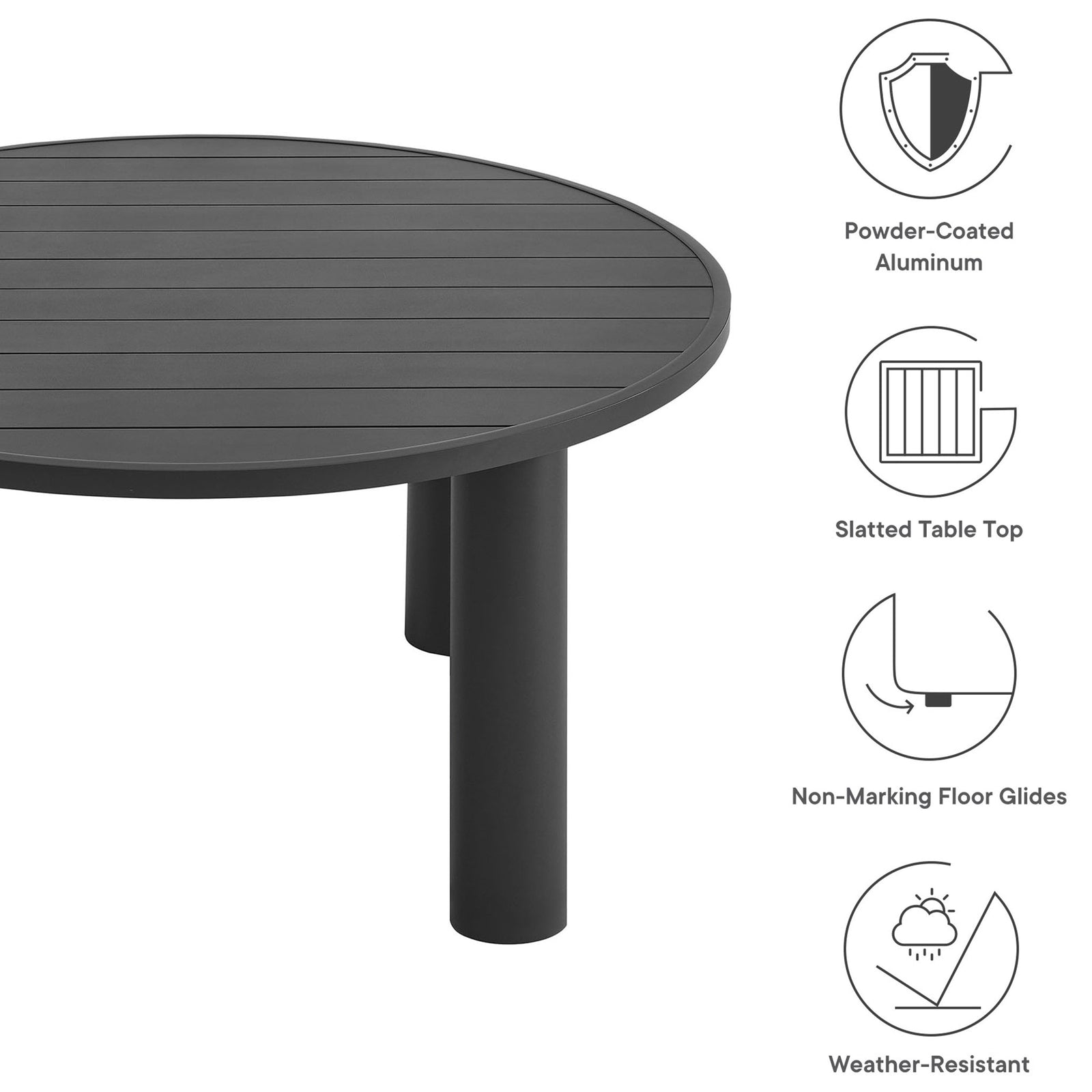 Graphite Nautica round dining table with slatted top, powder coated aluminum frame, and weather resistant design details || EEI-6981-GPH || callout_studio