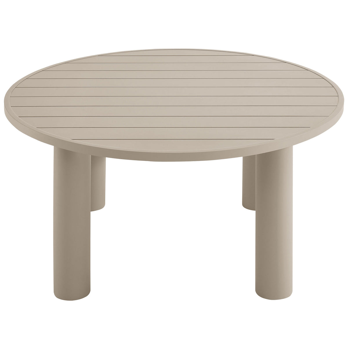 Taupe round dining table highlighting its slatted aluminum top and rounded legs that soften contemporary patio settings || EEI-6981-TAU || front_angle_studio